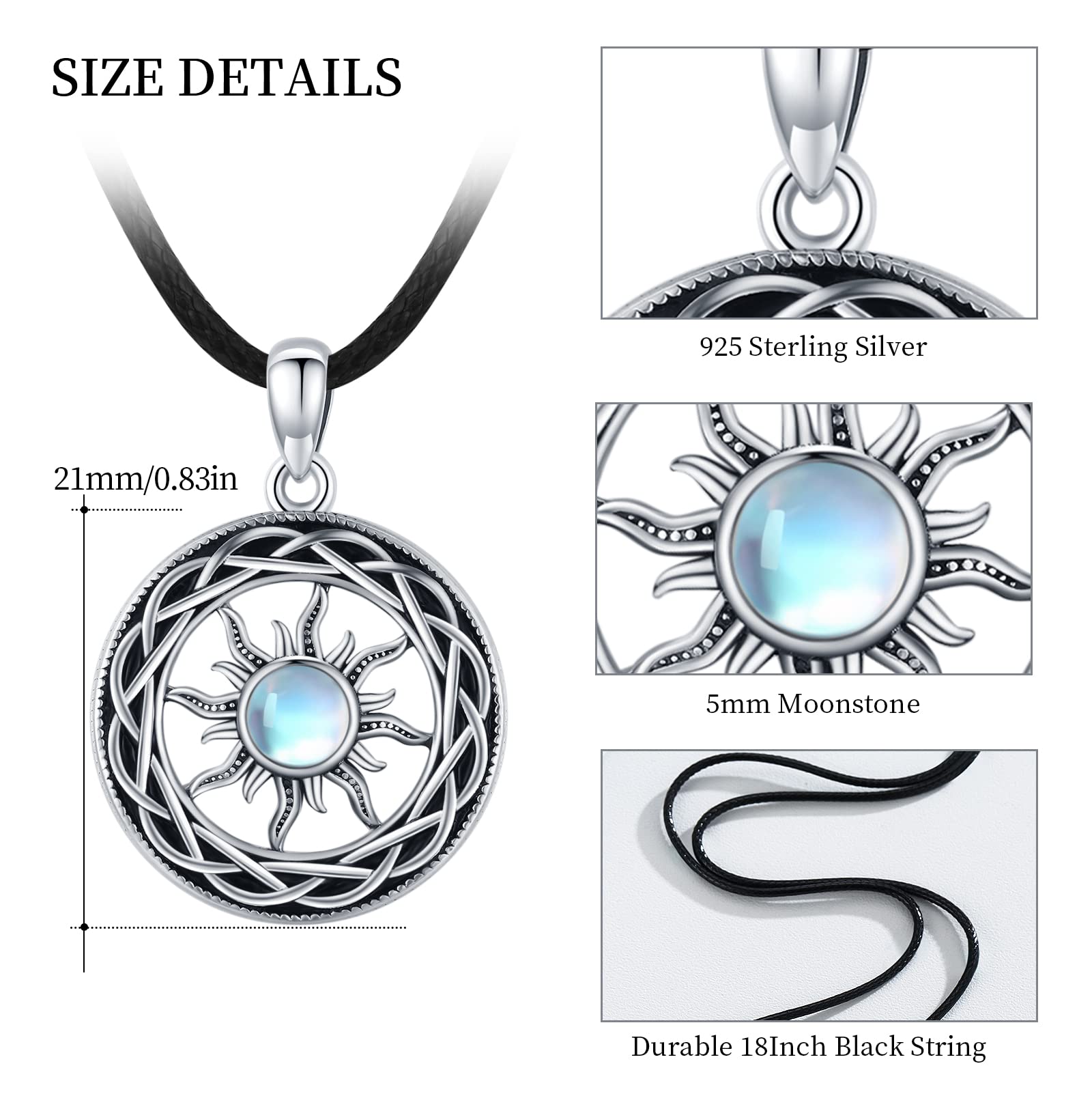Naszyjnik ze srebra wysokiej próby 925, łańcuszek celtycki, amulet, dla kobiet, dziewcząt, mężczyzn, prezent, Srebro szterlingowe, Kamień księżycowy
