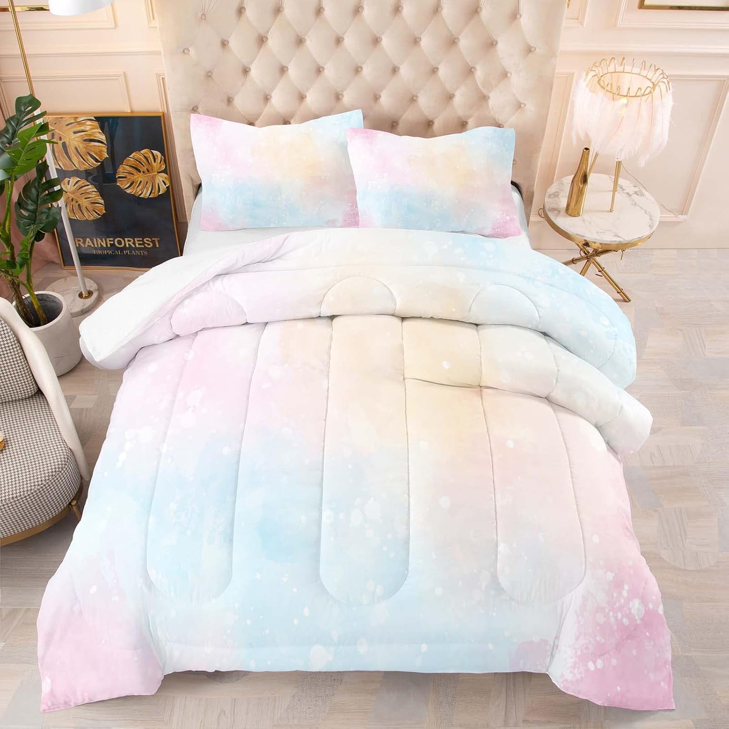 Pink Rainbow Comforter for Girls Boys Teens Women Dream Glitter Stars Bedding Set Queen Size with 1 Comforter Matching 2 Pillowcases