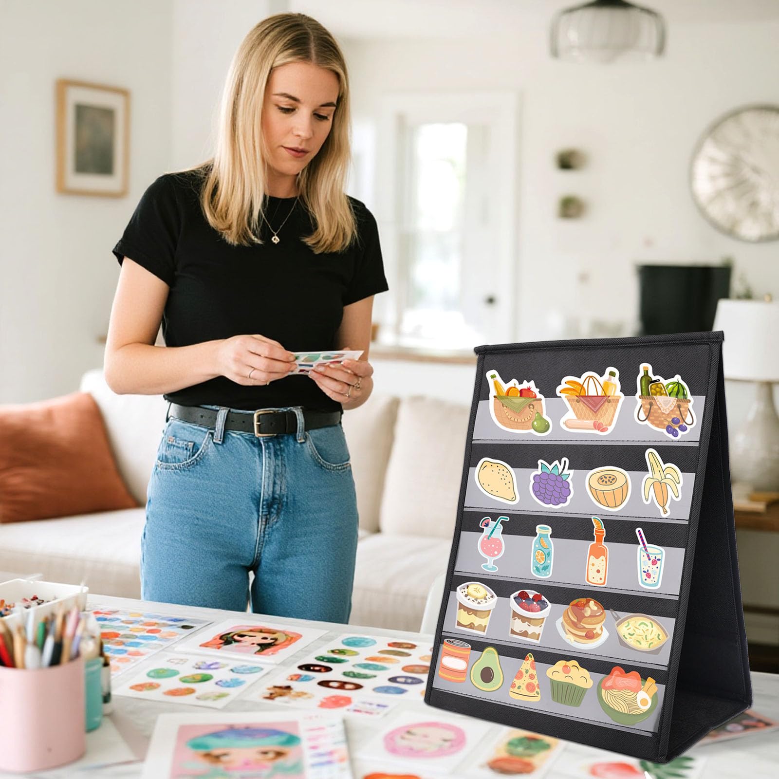 Expositor Portátil de Pegatinas, Tabla Bolsillo Plegable Sobremesa con Bolsillos Transparentes Organizador 5 Niveles de Doble Cara Soporte para Pegatinas Tarjetas & Pequeños Coleccionables