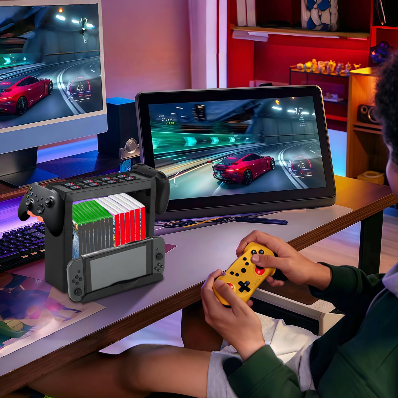 Lrocotanc Support de Rangement pour Jeux Nintendo Switch 2/Switch OLED, Stockage pour 12 Cartes de Jeu + 15 Boîtiers de Jeux, Compatible avec Manettes, Base de Console et Joy-Con