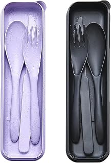 Reusable Travel Utensils Set with Case, 2 Sets Wheat Straw Portable Plastic Fork Spoons Knife Cutlery, Camping Eco-Friendly BPA Free Tableware for Kids Adults Work Picnic or Daily Use (Black+Purple)