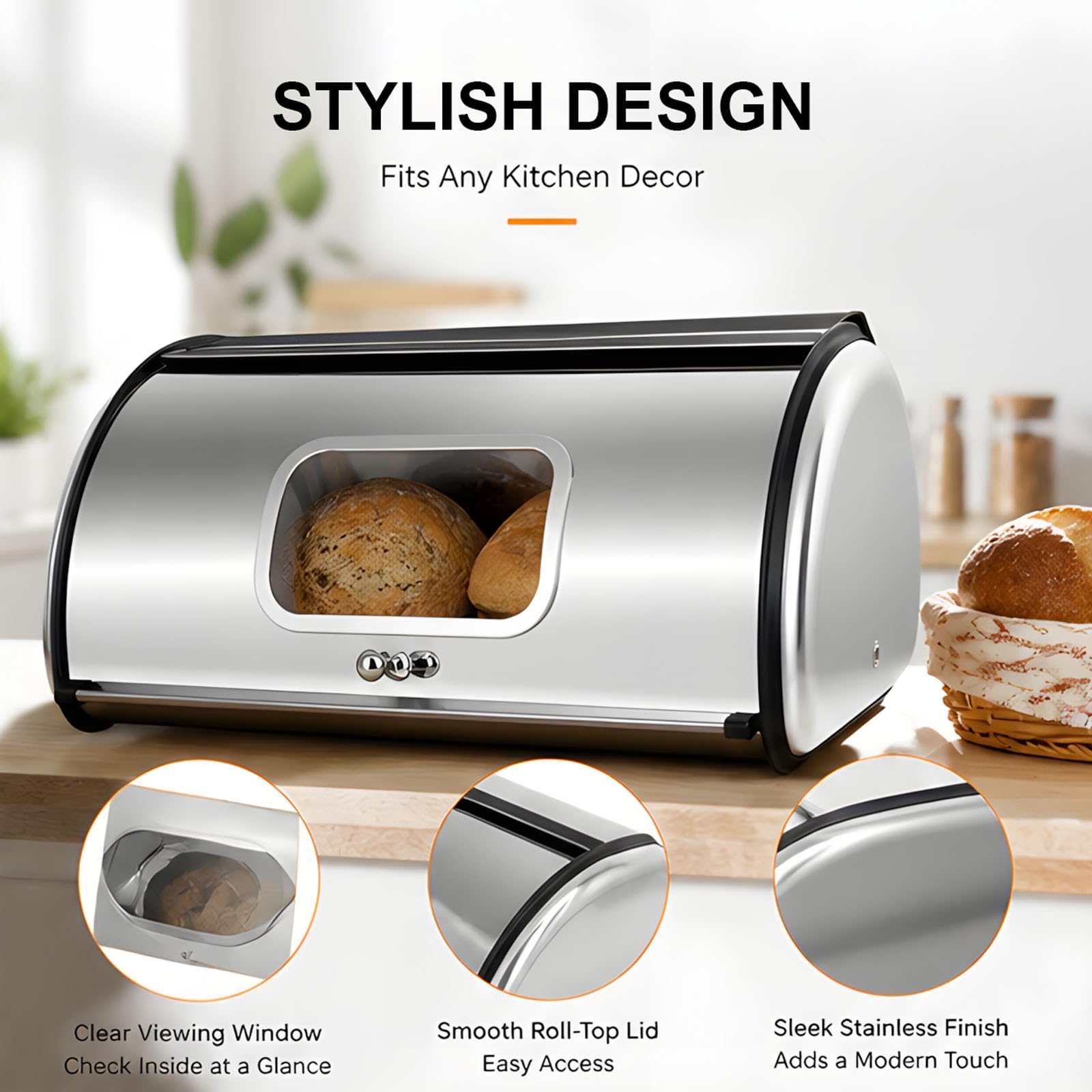 PANGBOER Contenedor de almacenamiento de pan con ventana de visualización, diseño enrollable de acero inoxidable, organizador de mostrador ventilado, soporte para repostería de cocina, recipiente
