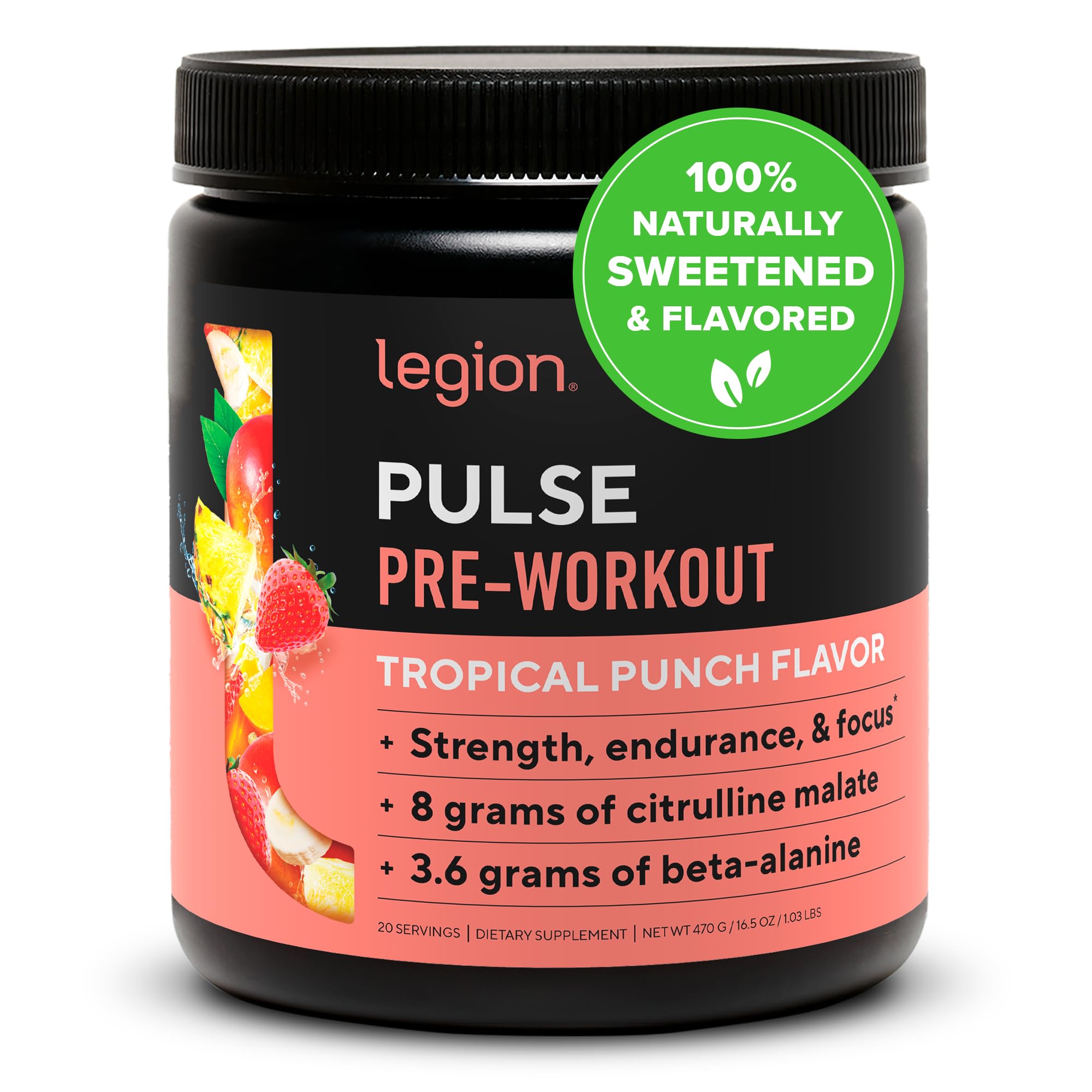 LEGION Pulse Pre Workout Supplement - All Natural Nitric Oxide Preworkout Drink to Boost Energy, Creatine Free, Naturally Sweetened, Beta Alanine, Citrulline, Alpha GPC (Tropical Punch)
