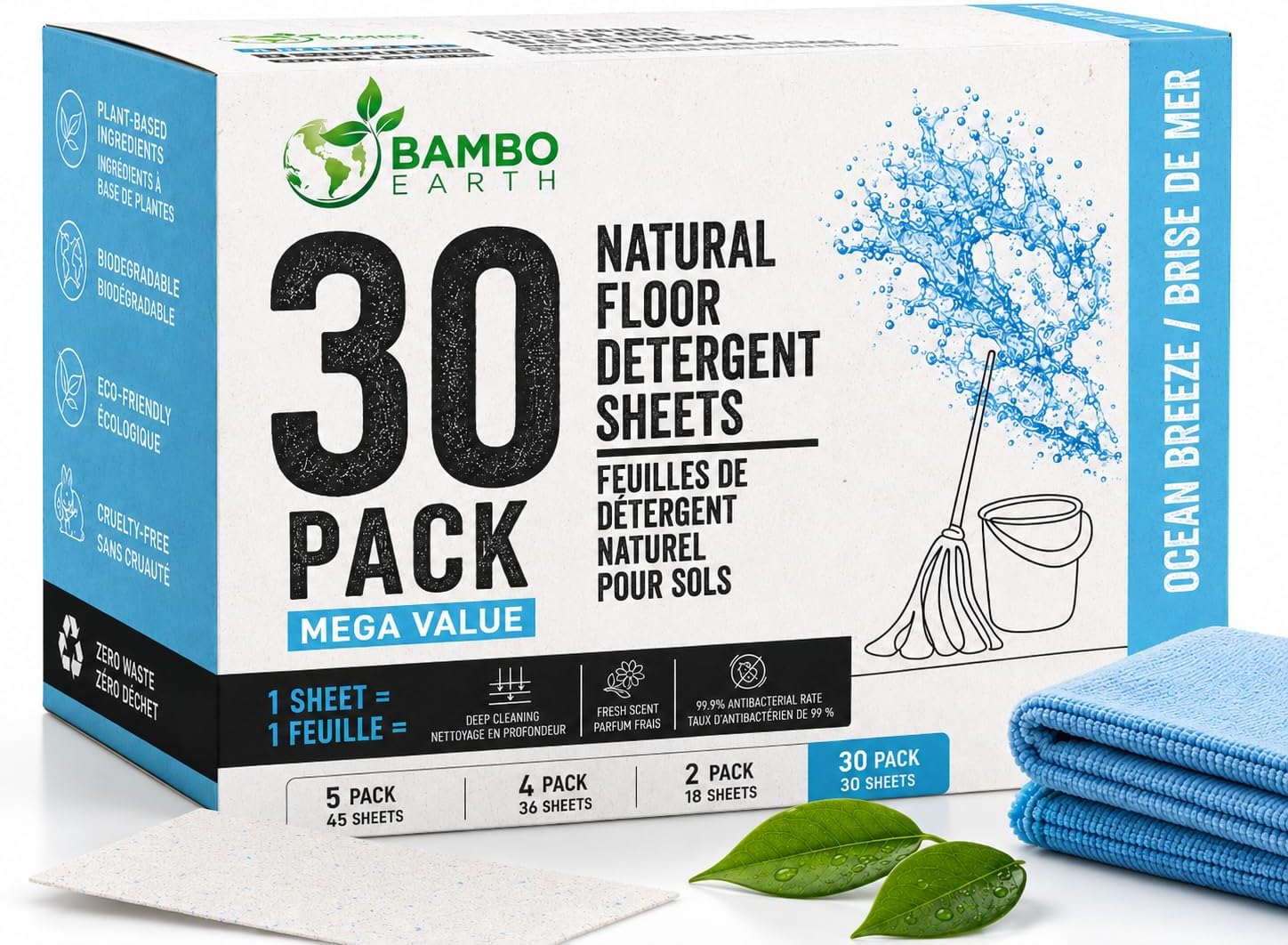 30 Pcs All Natural Floor Cleaner Sheets - Biodegradable And Dissolvable Multipurpose Mopping Concentrated Floor Cleaning Soap Detergent Strips, Mess Free Water Soluble Fast Dry Eco Friendly (Ocean)