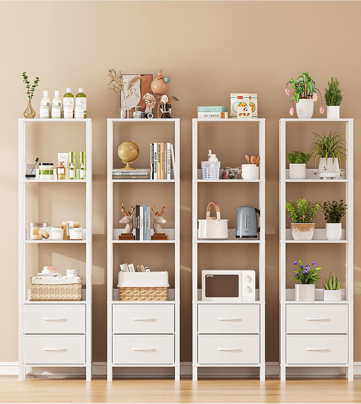 Estantería alta con cajones, estantería de 6 niveles para libros, kit de garaje, CD, películas, estantes modernos de pie, organizador de almacenamiento para dormitorio, oficina, sala de estar, 7
