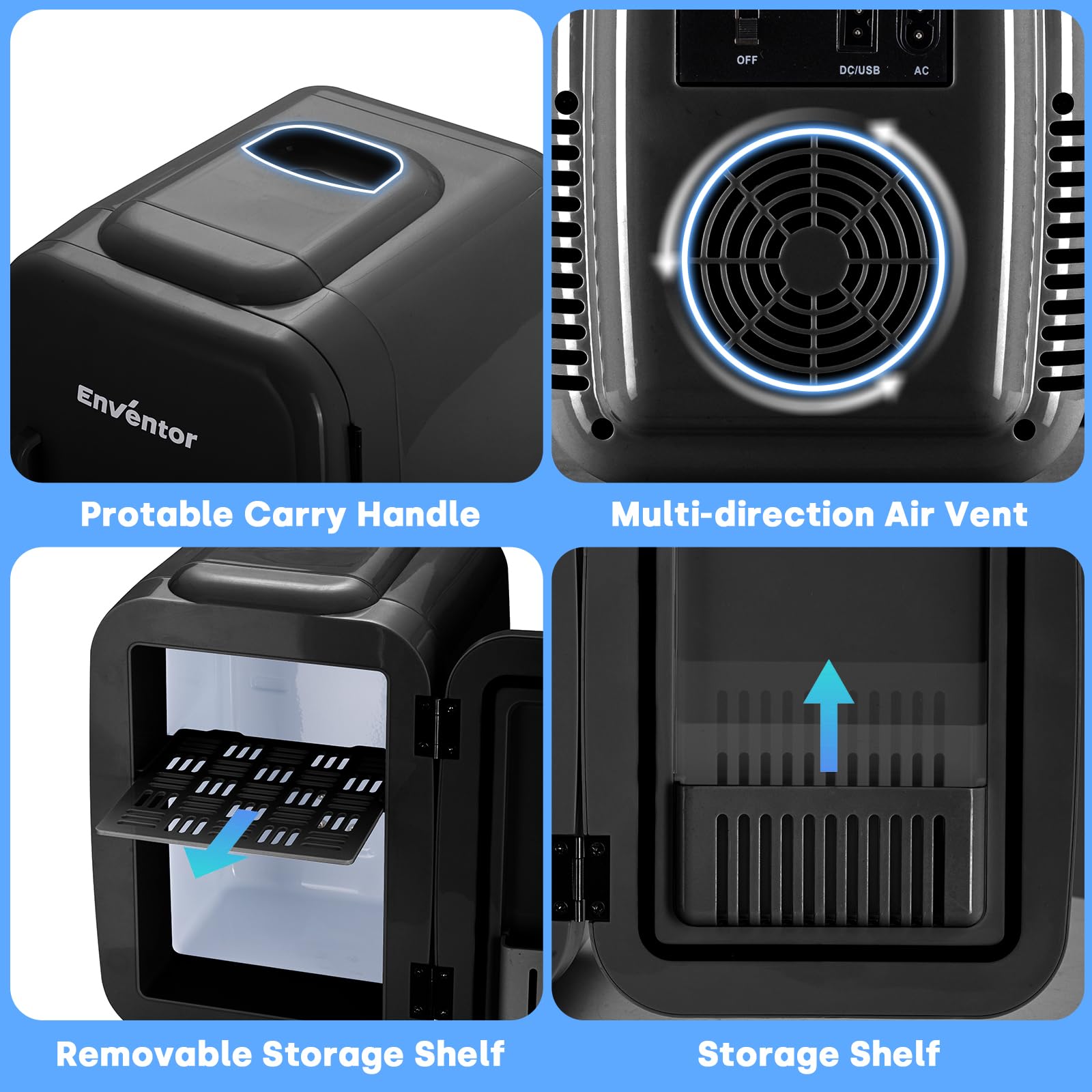 Enventor Mini Frigo 4L, 6 Canettes, Prise 12V/220V, Silencieux, Noir | Fonction Refroidissement et Chauffage, Petit Réfrigérateur Cosmétique, Compact Fridge pour Voiture, Chambre, Bureau