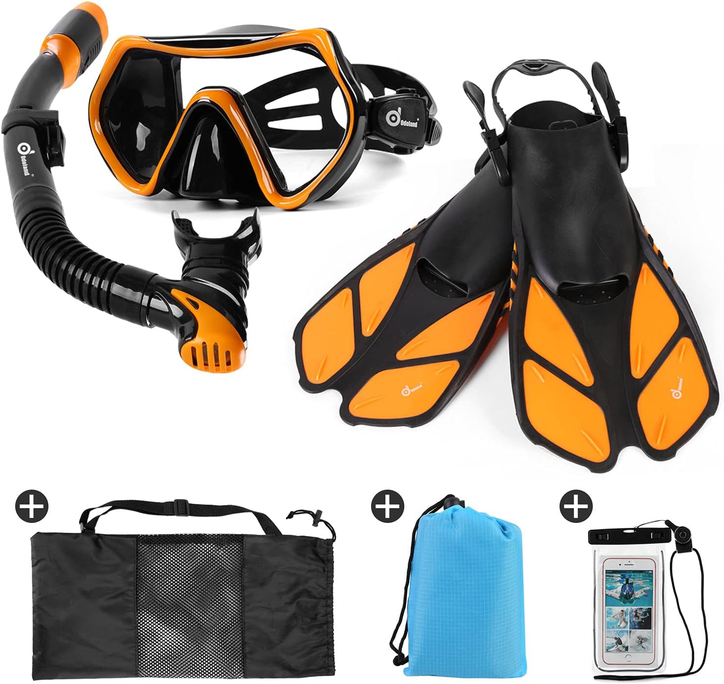 Odoland Snorkel Set 6-in-1 Snorkeling Packages with Diving Mask, Adjustable Swim Fins, Mesh Bag, Waterproof Case and Beach Blanket, Anti-Fog Anti-Leak Snorkeling Gear for Men Women Adult : Sports & Outdoors