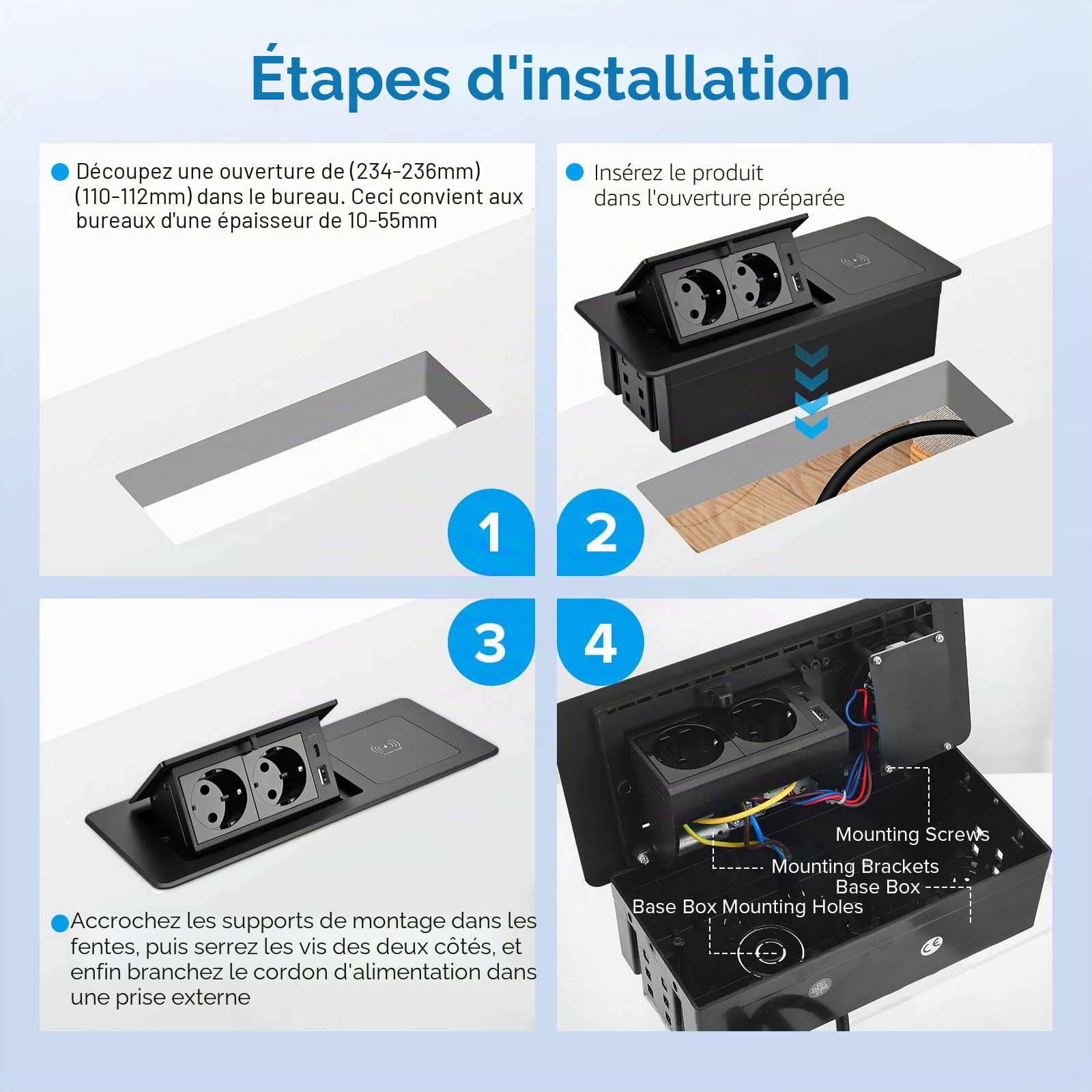 Prise Encastrable avec Chargeur USB-C PD20W et Charge sans Fil 15W, Prise de Bureau 2 Prises pour Plan de Travail Cuisine et Bureau