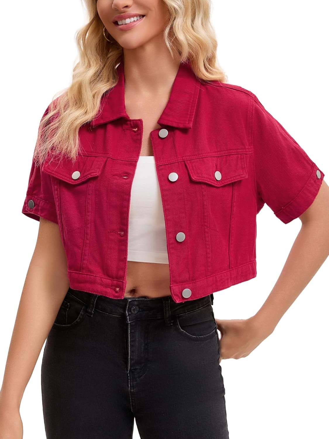 Women's Short Sleeve Denim Jacket Trendy Classic Casual Summer Cropped Jean Jacket