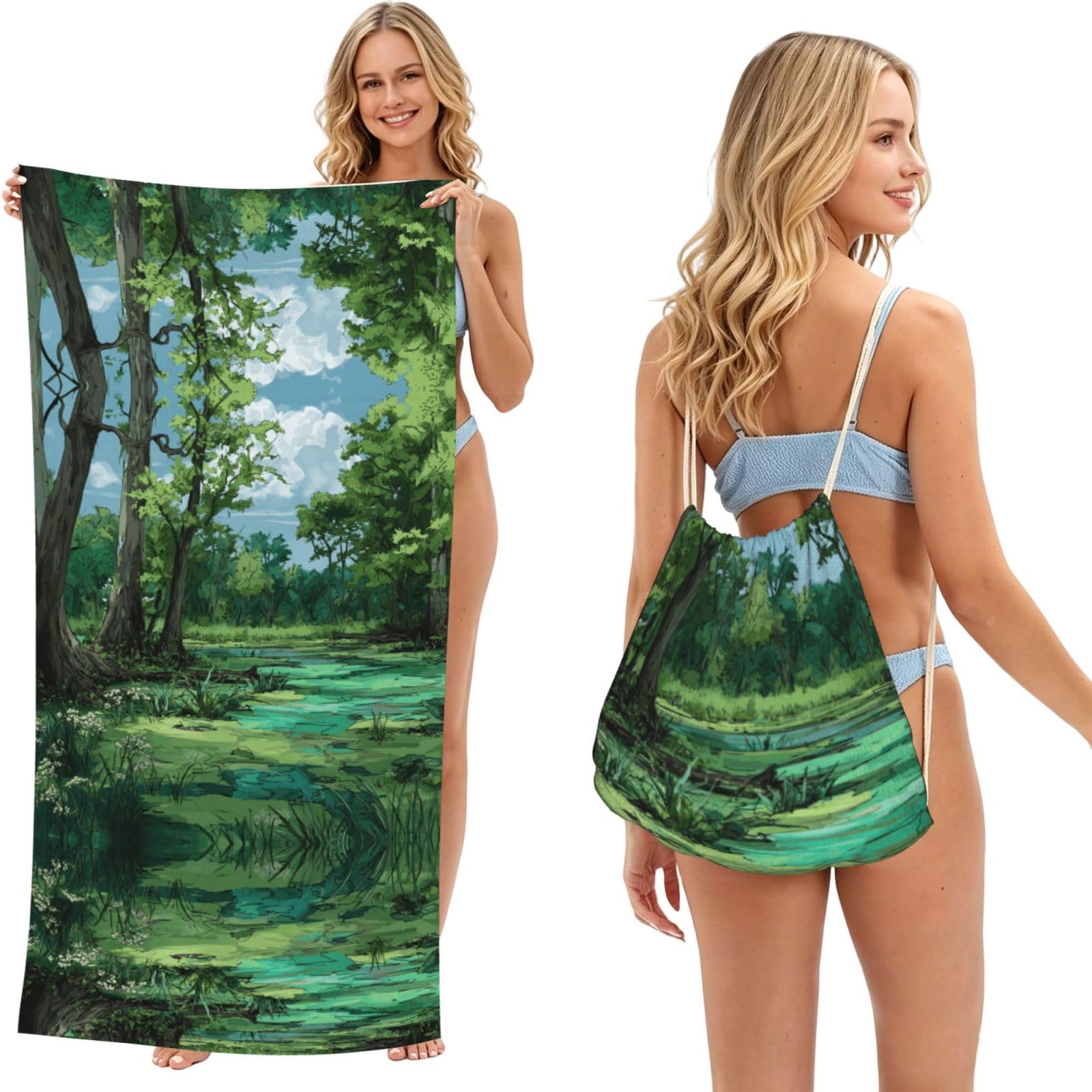 ESNAIUVCD Swamp Scenery Print Beach Towel For Adults,Towel With Drawstring Bag, Travel Pool Swimming Sports Shower Sand Free Quick Dry Bath Towel For Pool, Beach, Yoga- 180x60cm