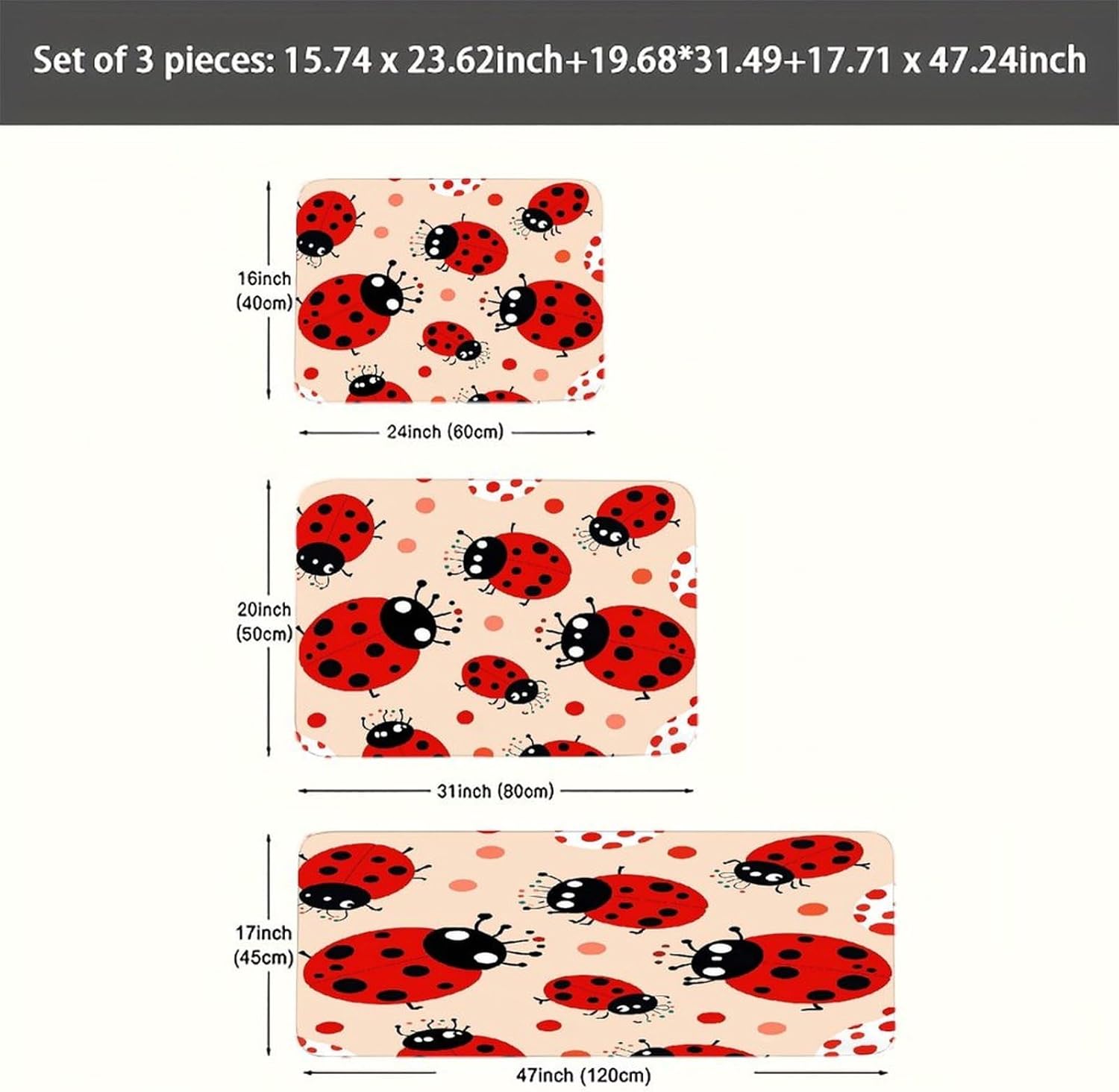 Cute Ladybug Kitchen Mats for Floor 3PCS Waterproof Low-Profile Kitchen Rugs Floor Mat Non Slip Anti Fatigue Mats Comfort Standing Mat Runner Rug Area Rug 6"x24"+20"x31"+17"x47"