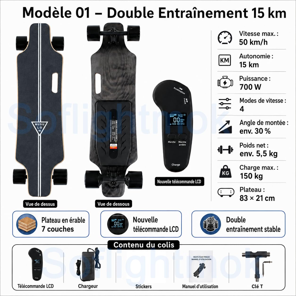 Skateboard électrique Adulte Tout Terrain avec Double Moteur, télécommande LCD, Plateau en érable 83x21cm, Roues PU Larges, Longboard Portable pour Loisirs, Campus et balades urbaines