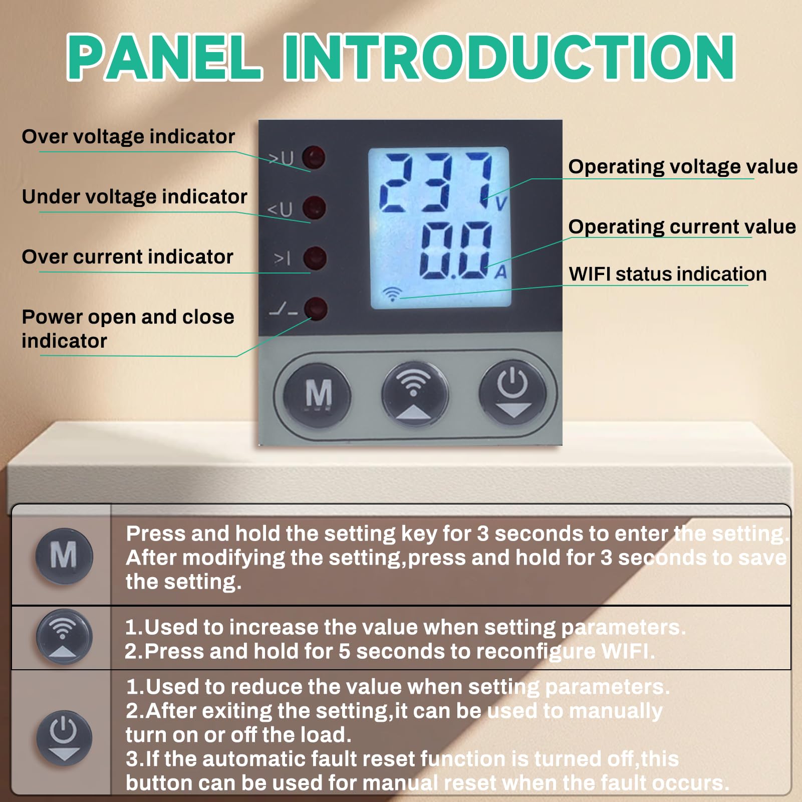Jadeshay Intelligent Circuit Breaker Switch Current and Voltage Protector 2P AC220V LED Digital Display,with Electric Meter Query Over-under voltage and Overcurrent Function - Image 2
