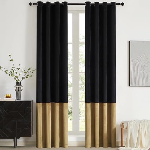 BULBUL Black Gold Color Block Window Curtains Panels 84 inches