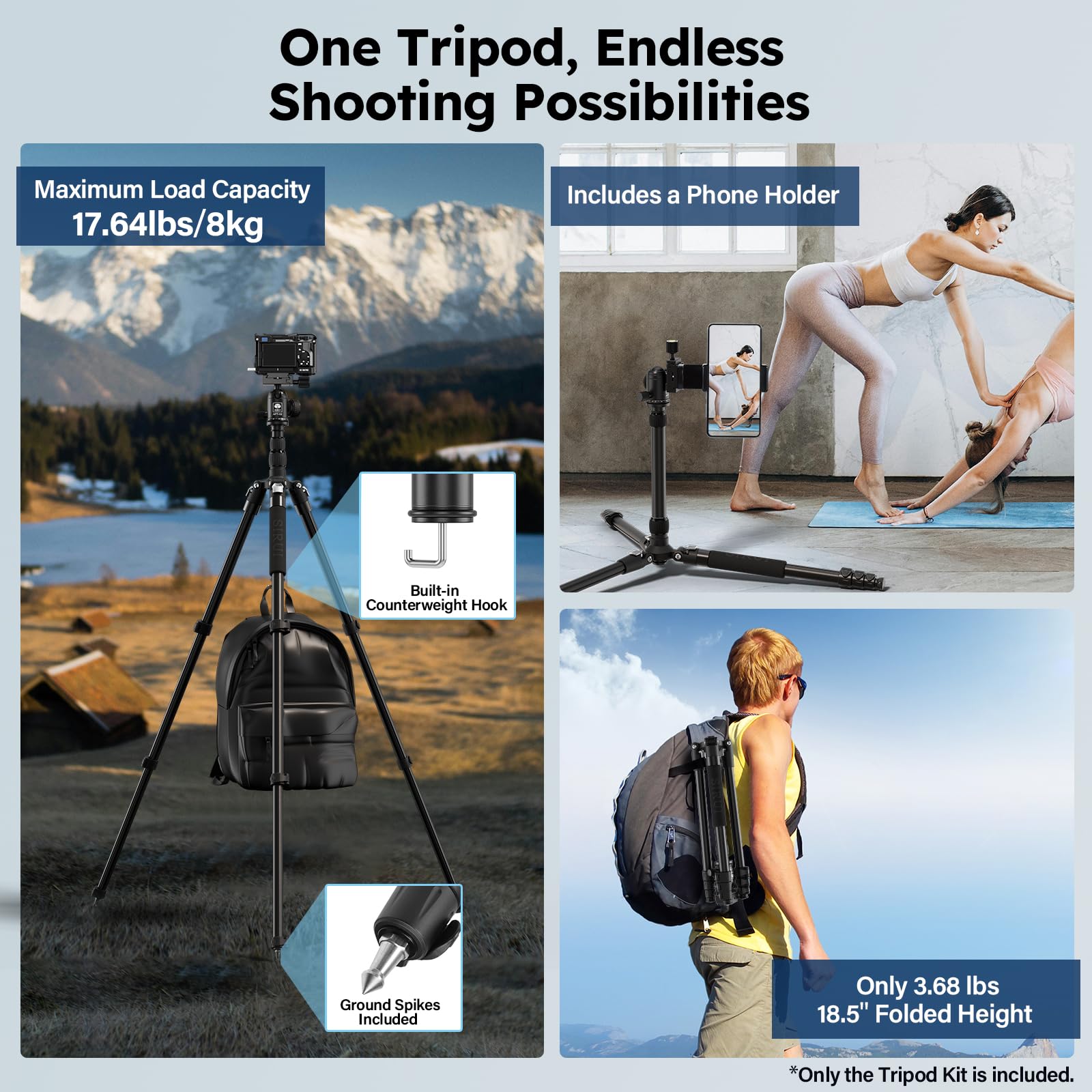 SIRUI APT-02 Treppiede per Fotocamera Monopiede, 78.7"/ 200cm Treppiede in Alluminio Alto con Colonna Centrale, con 360° Testa a Sfera, QR Plate e Supporto per Telefono, Carico Massimo 10 kg / 22lb