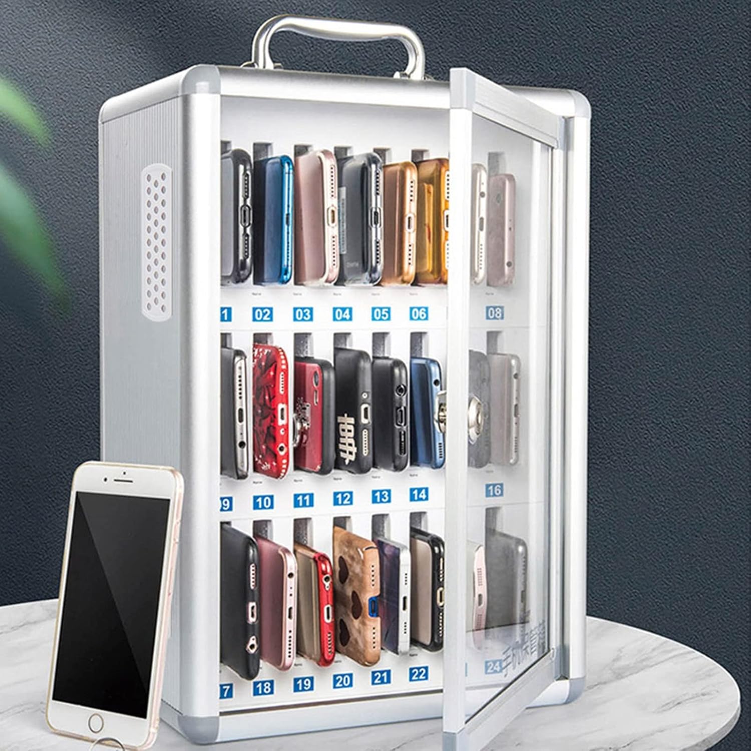 Mobile Phone Cabinet Mobile Phone Storage Box with Lock Mobile Phone Storage Cabinet with Cooling Holes Suitable for Schools Restaurants Conference Rooms,Silver-12 Slots