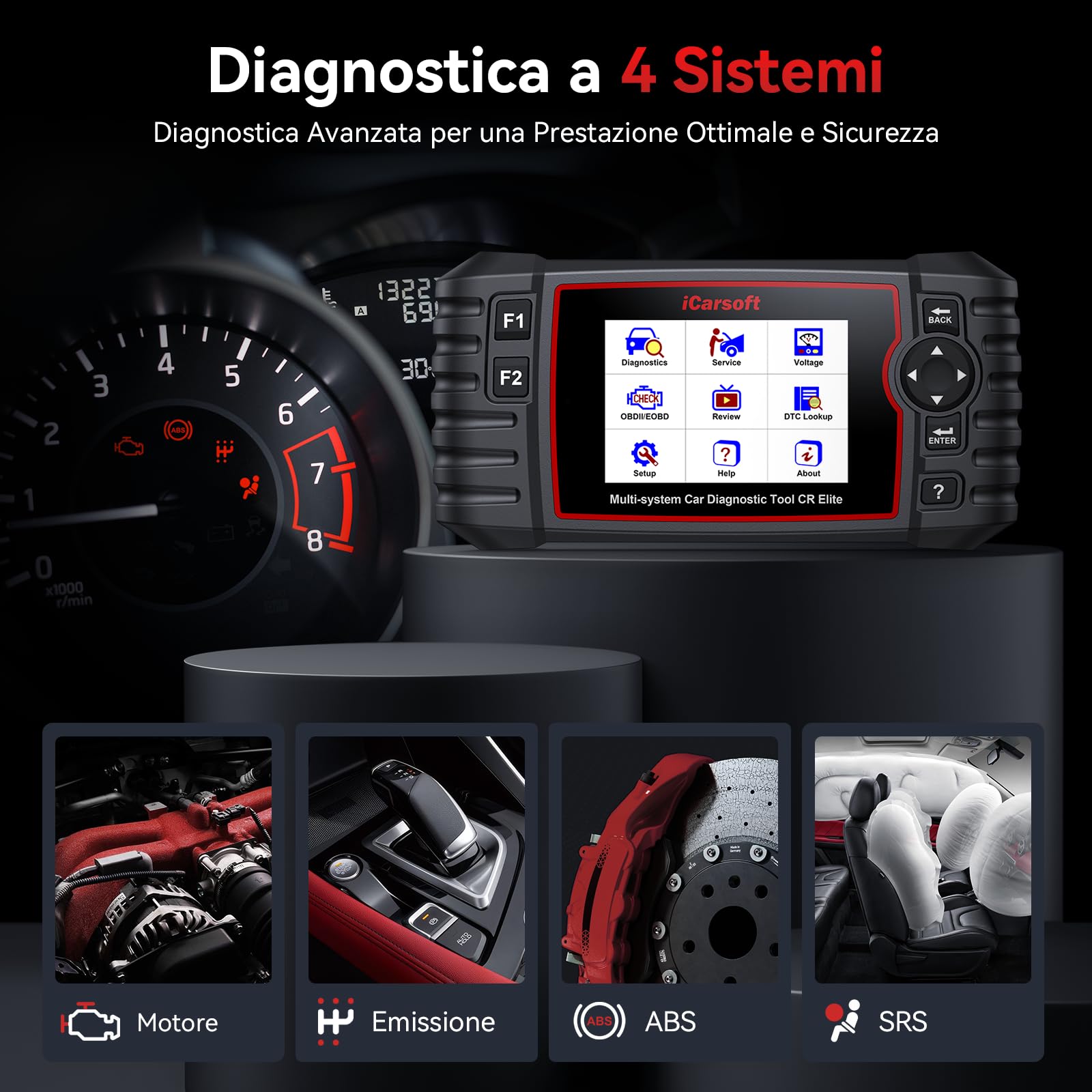 iCarsoft CR Elite OBD2 Auto Diagnostica, Diagnosi Auto Professionale in Italiano, Sistema Motore/ABS/SRS/Trasmissione, 9 Funzioni di Ripristino, Olio/EPB/BMS/ETC/SAS/BLD/INJ/DP-F, Aggiornamento a Vita