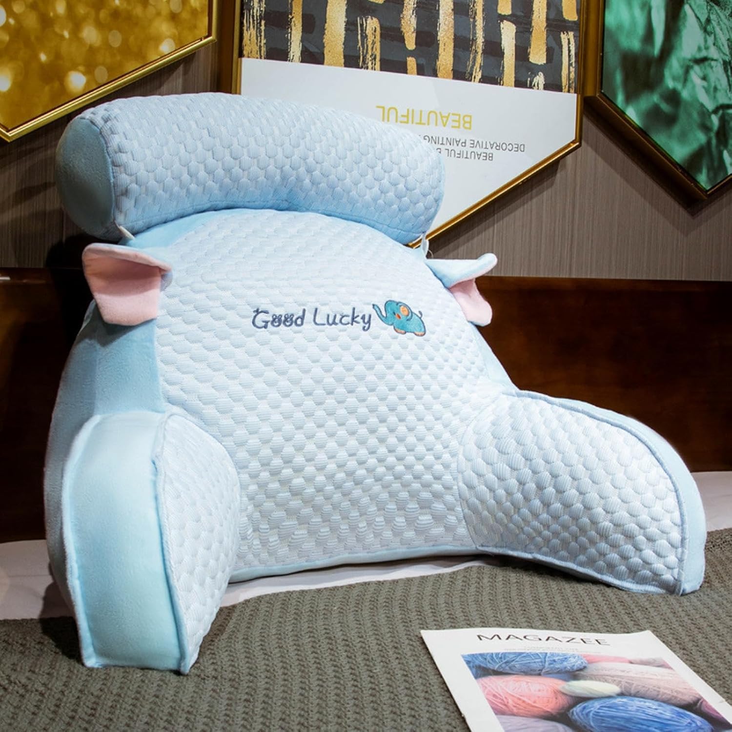 Lesekissen Blau mit Abnehmbarer Nackenrolle & Armlehnen für Bett und Sofa-Ergonomisches Rückenkissen Nackenstützkissen für Erwachsene-Waschbarer Bezug-Lesesitzkissen zum Lesen,Fernsehen 70×50cm