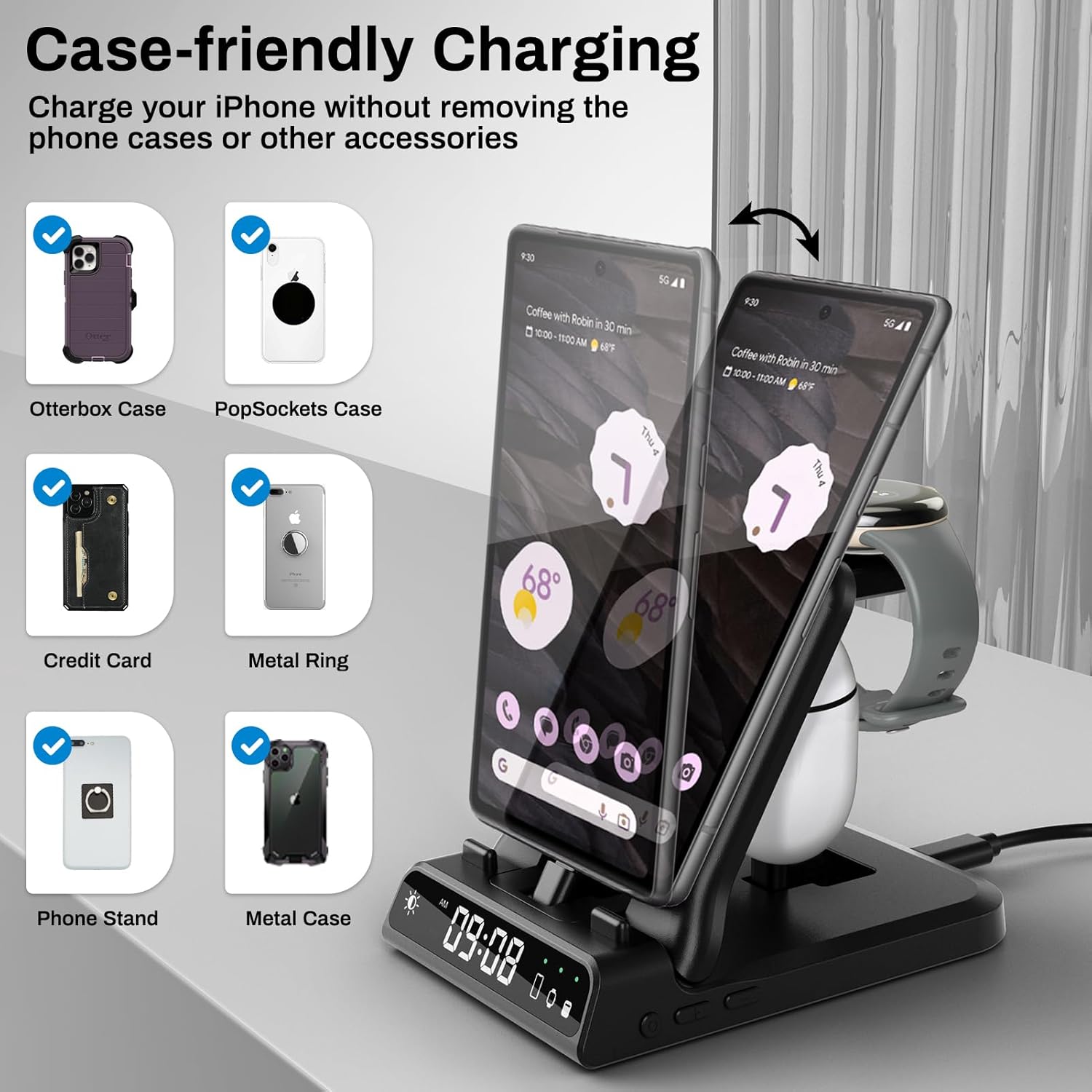 Image showing a phone charging on the station with various types of cases and accessories, indicating compatibility.