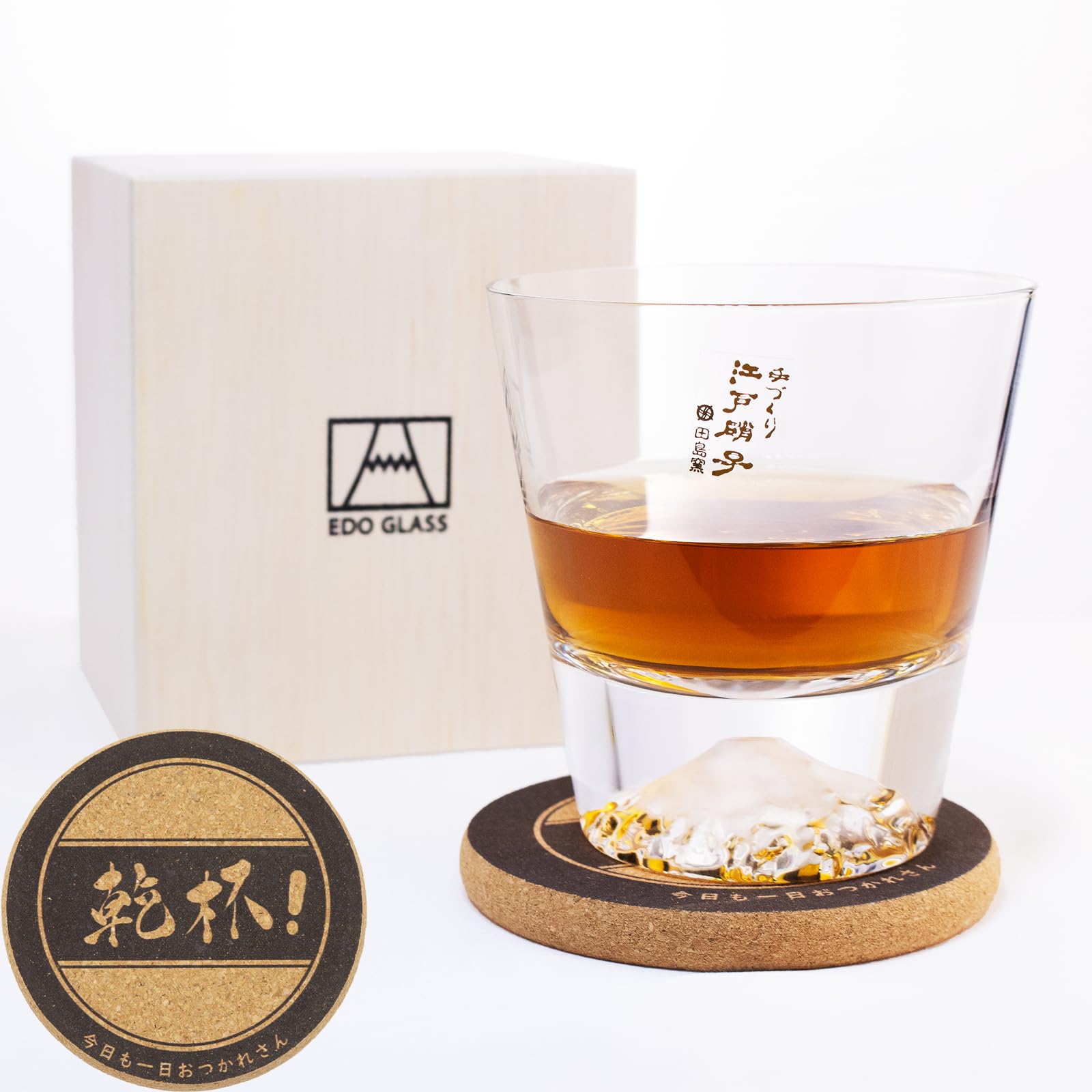 Mt Fuji Fujisan Rock Glass 9oz Tajima Glass Whiskey Cup With Coaster