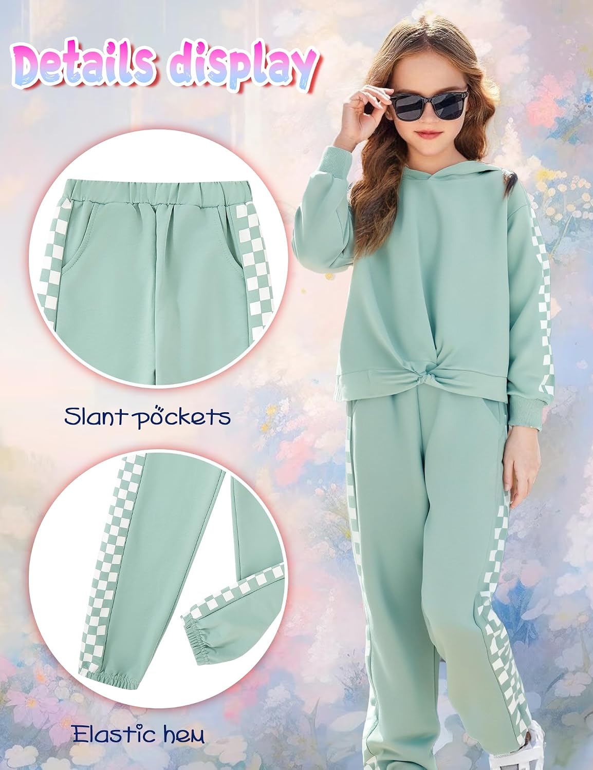 Girls 2 Piece Tracksuit Set Checkerboard Stripe Hoodie Sweatshirt and Pants Athletic Lounge Outfit 6-16Y