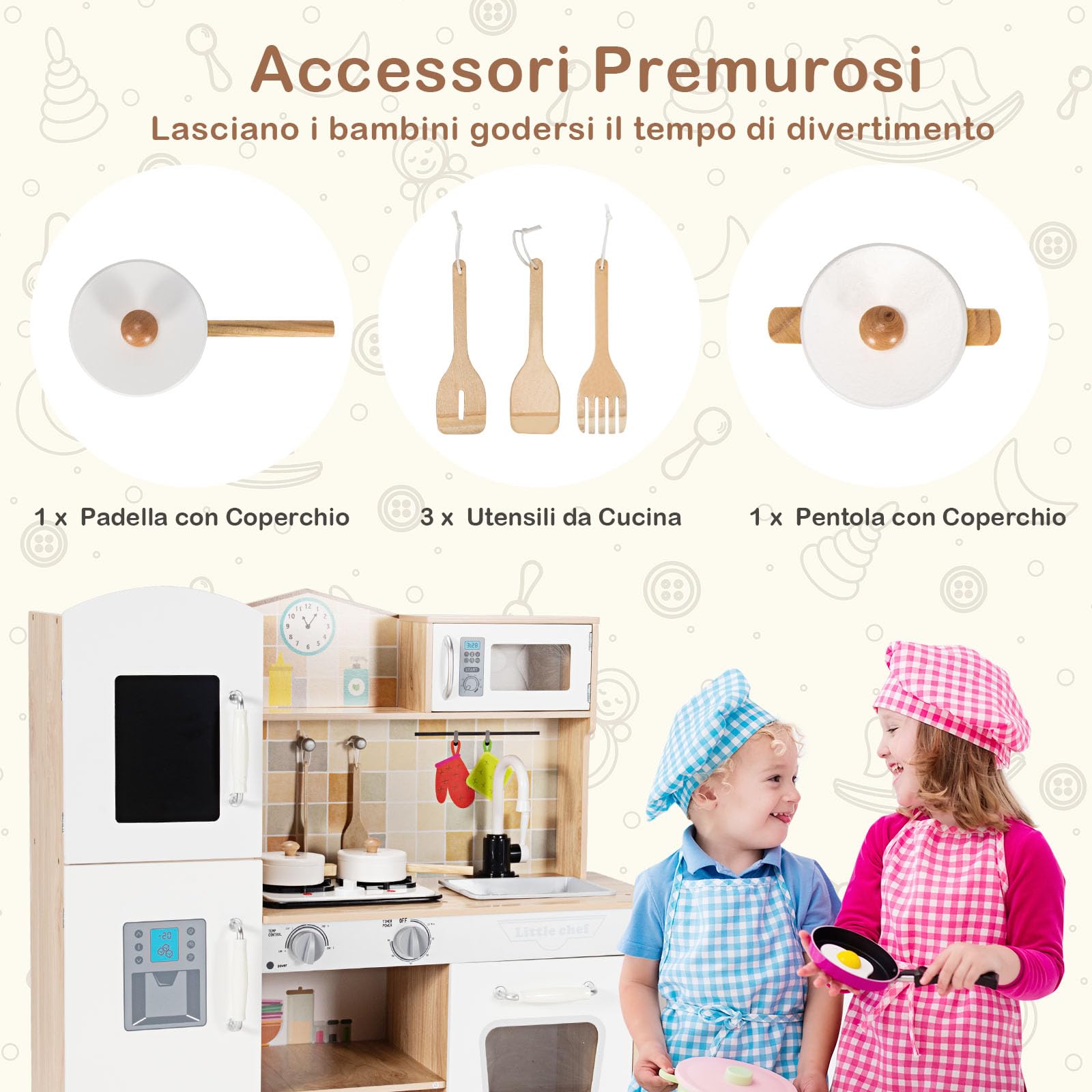 GYMAX Cucina Giocattolo per Bambini, Mini Cucina in Legno con Armadietti e Accessori, Suoni e Luci Realistici, Migliorare la Capacità Pratica, Adatto a Bambini di 3-7 anni (Naturale)