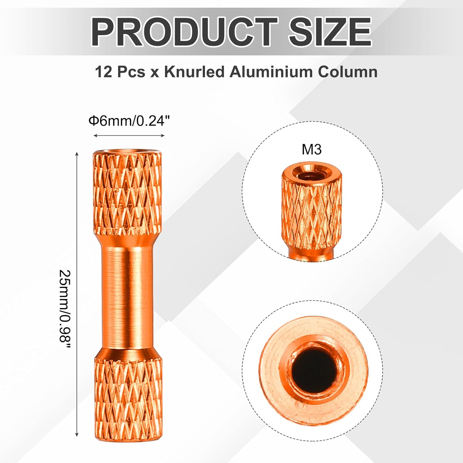 MECCANIXITY 12 Pcs M3 x 25mm Knurled Aluminum Standoff Double-Head Spacer Column for FPV Drone RC Airplane Racing Car Simracing, Orange