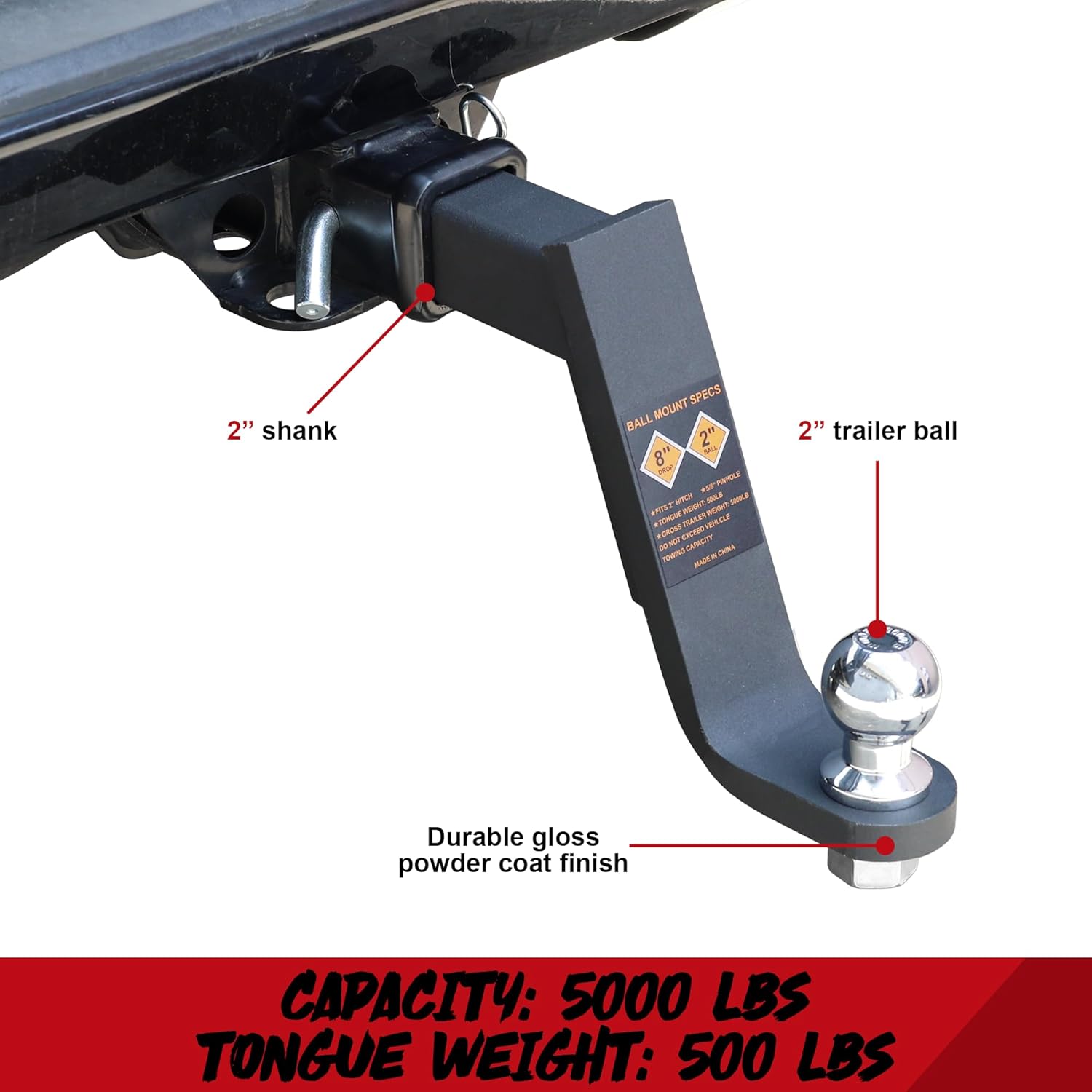 DBXB-RV Trailer Hitch Ball Mount Fits 2-Inch Receiver, 8" Drop, with 2" Trailer Ball and 5/8" Hitch Pin Clip. 5,000 lbs Capacity. Tow Hook Black Matte Powder Coated for Permanent Anti-Rust/Corrosion.