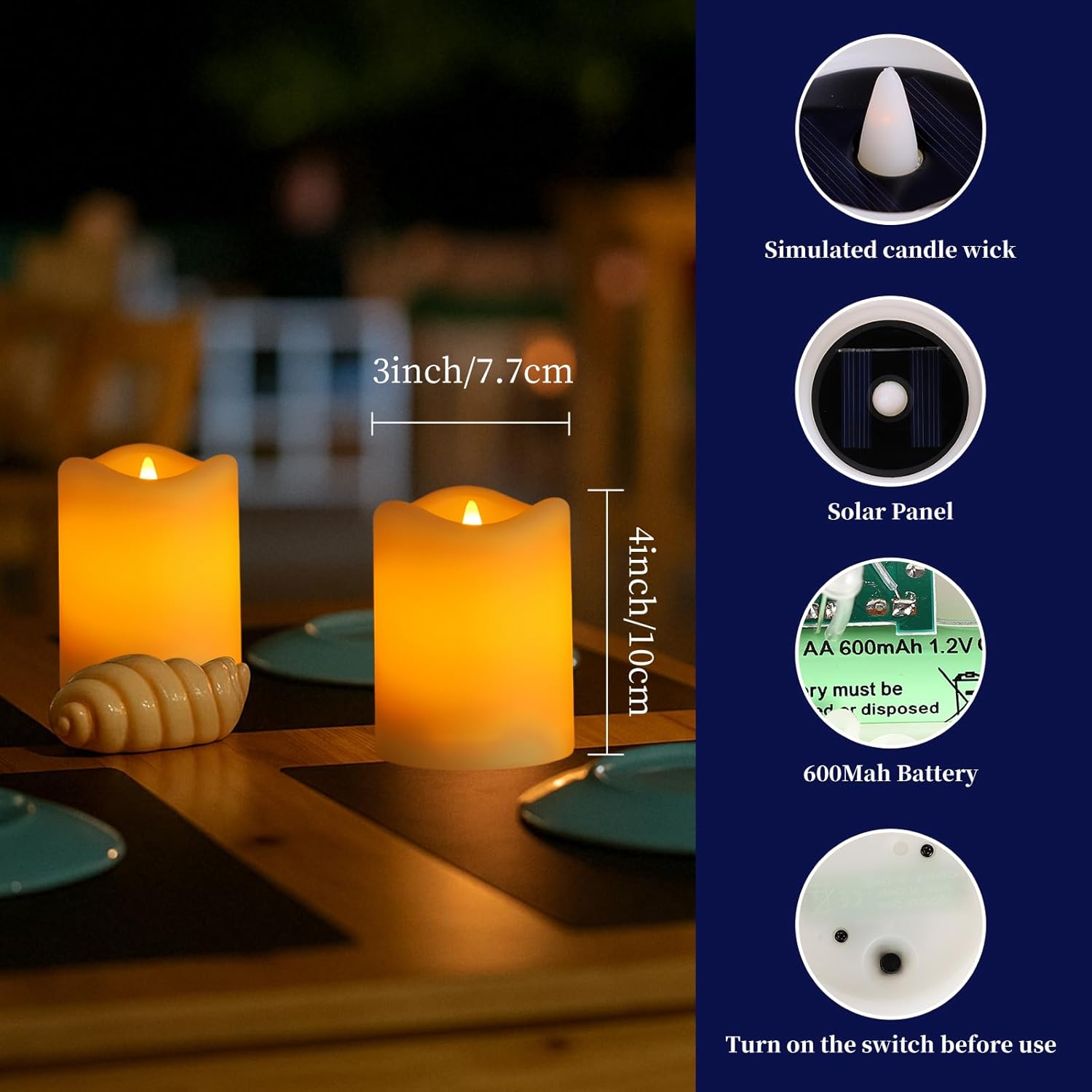 Solar Candles Outdoor Waterproof, 2 Pack Solar Flameless LED Rechargeable Candles with Flickering Glow, Dusk to Dawn Auto On/Off, Replaceable Battery, Lantern & Garden Decor, Holiday Gifts (3" x 4") - Image 2