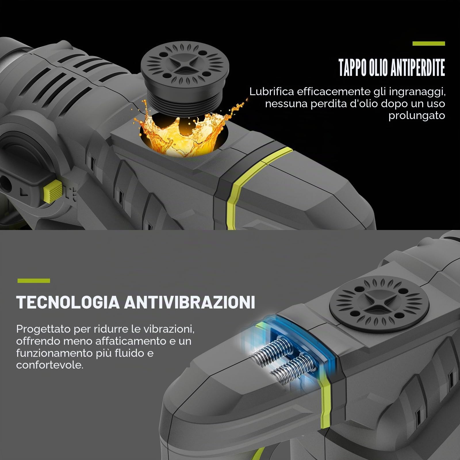DEWINNER Martello perforatore SDS-Plus, 1500 W, 6 velocità, 850RPM, 4400BPM, 5,5J, frizione di sicurezza e tecnologia antivibrazione, 3 funzioni, incluso organizer, scalpello e punta da 32 mm