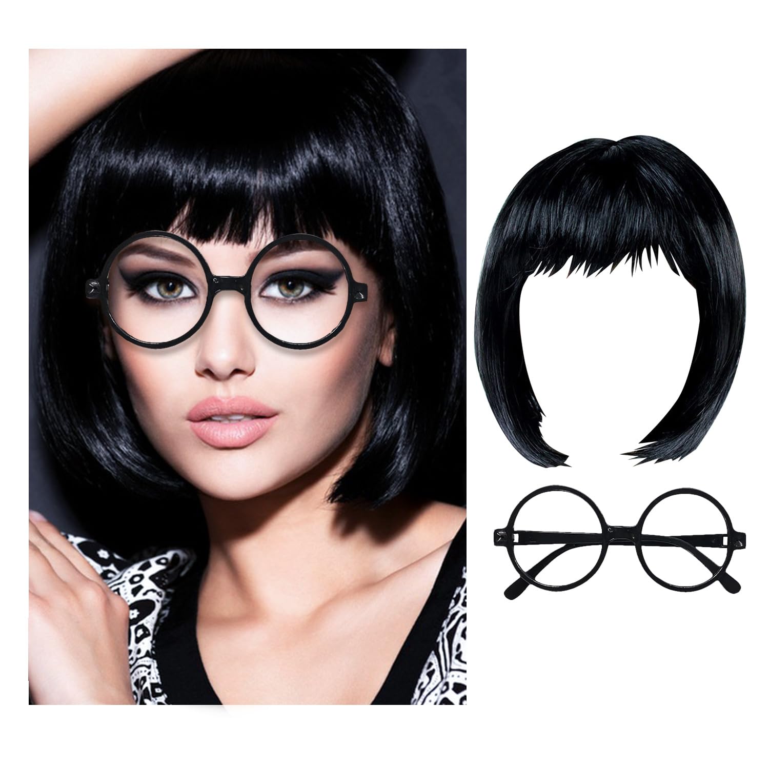 MEISH 2pcs Fashion Designer Accessory Set Black Round Glasses Black Short Bob Wig Cosplay Costume Wig Halloween Costume Night Club Wig for Film Character - Image 3