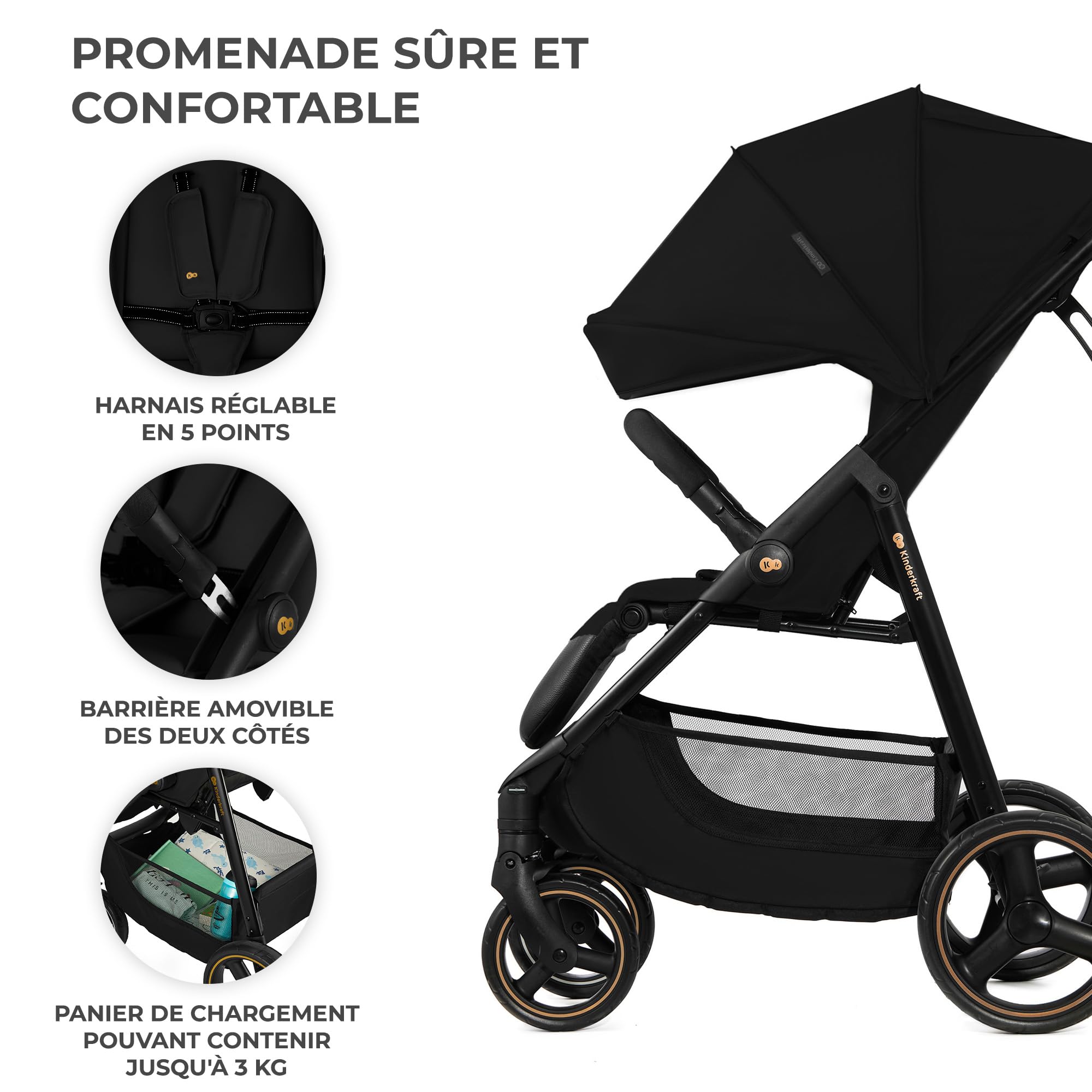 Kinderkraft TRIG 3 Poussette Canne, Légère, Position Allongée, Suspension 4 Roues, Pliable, Harnais réglables à 5 points, Repose-pieds, Jusqu'à 25 kg, Noir