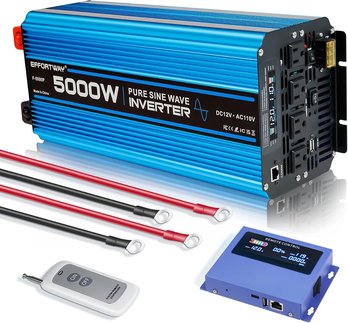5000W Pure sine Wave Inverter DC 12V to AC 110V/120V Converter 10000w (Peak) with LCD Display Wireless/Wired Remote Control 4AC outlets 4USB and Hardwired AC.Ideal for RV Travel Off-Grid Solar Systems