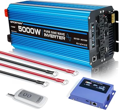 5000W Pure sine Wave Inverter DC 12V to AC 110V/120V Converter 10000w Peak with LCD Display Wireless/Wired Remote Control 4AC outlets 4USB and Hardwired AC.Ideal for RV Travel Off-Grid Solar Systems