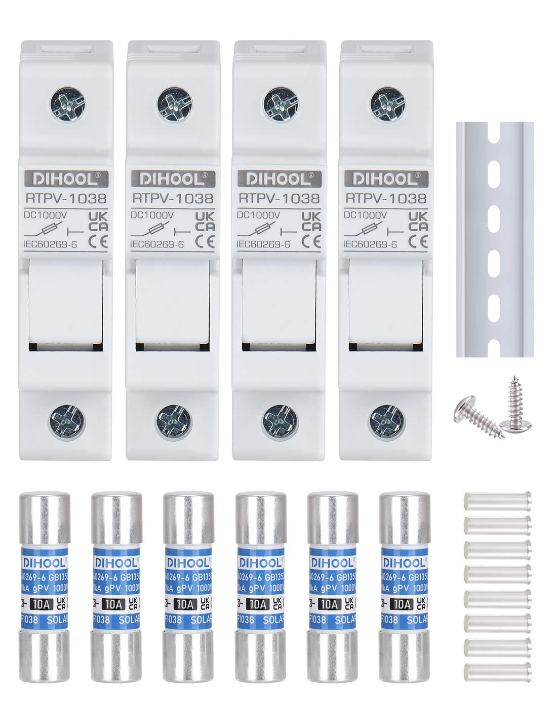 DIHOOL Instalación de guía DIN de 1 polo dc1000v 10 x 38 mm, fusibles fotovoltaicos 10a (4 fusibles y 6 fusibles)