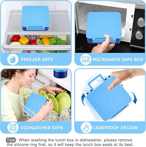 Miniatura 4 de MAXSO Lonchera Bento para niños con termo de sopa de 8 onzas, contenedor de comida caliente a prueba de fugas con 4 compartimentos, tarro de