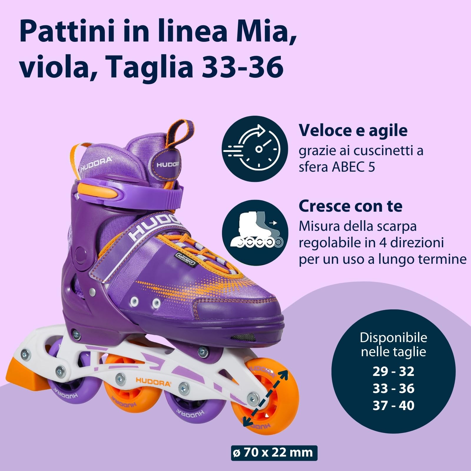 HUDORA Pattini in linea Mia/Leon - Pattini a rotelle regolabili per bambini, ragazzi e adulti