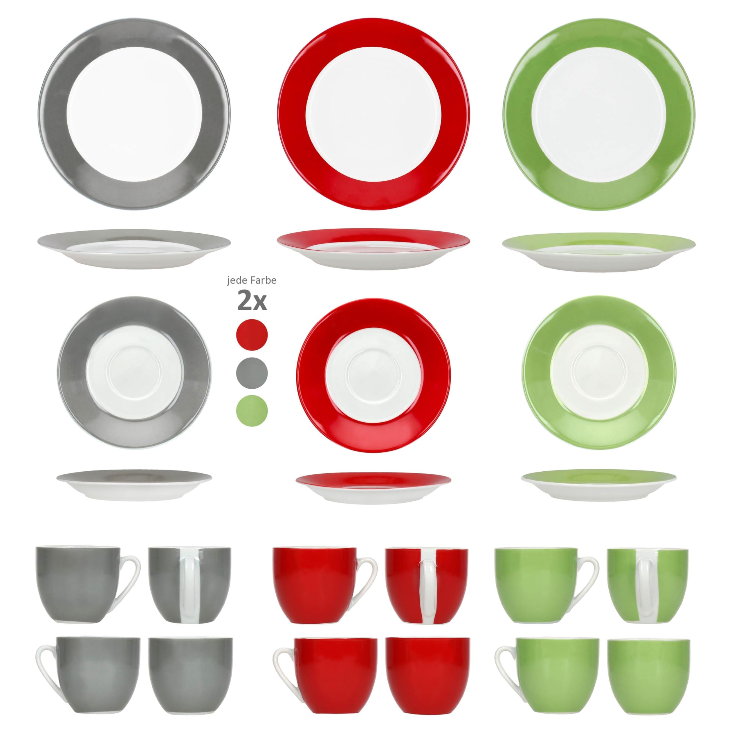 MamboCat Variant Trio 18tlg Kaffeeservice I farbige Porzellan-Kaffeeset für 6 Personen in Grün, Rot & Grau I Je 6X Kaffeetassen 200ml, Untertassen & Kuchenteller für Frühstück & Kaffee