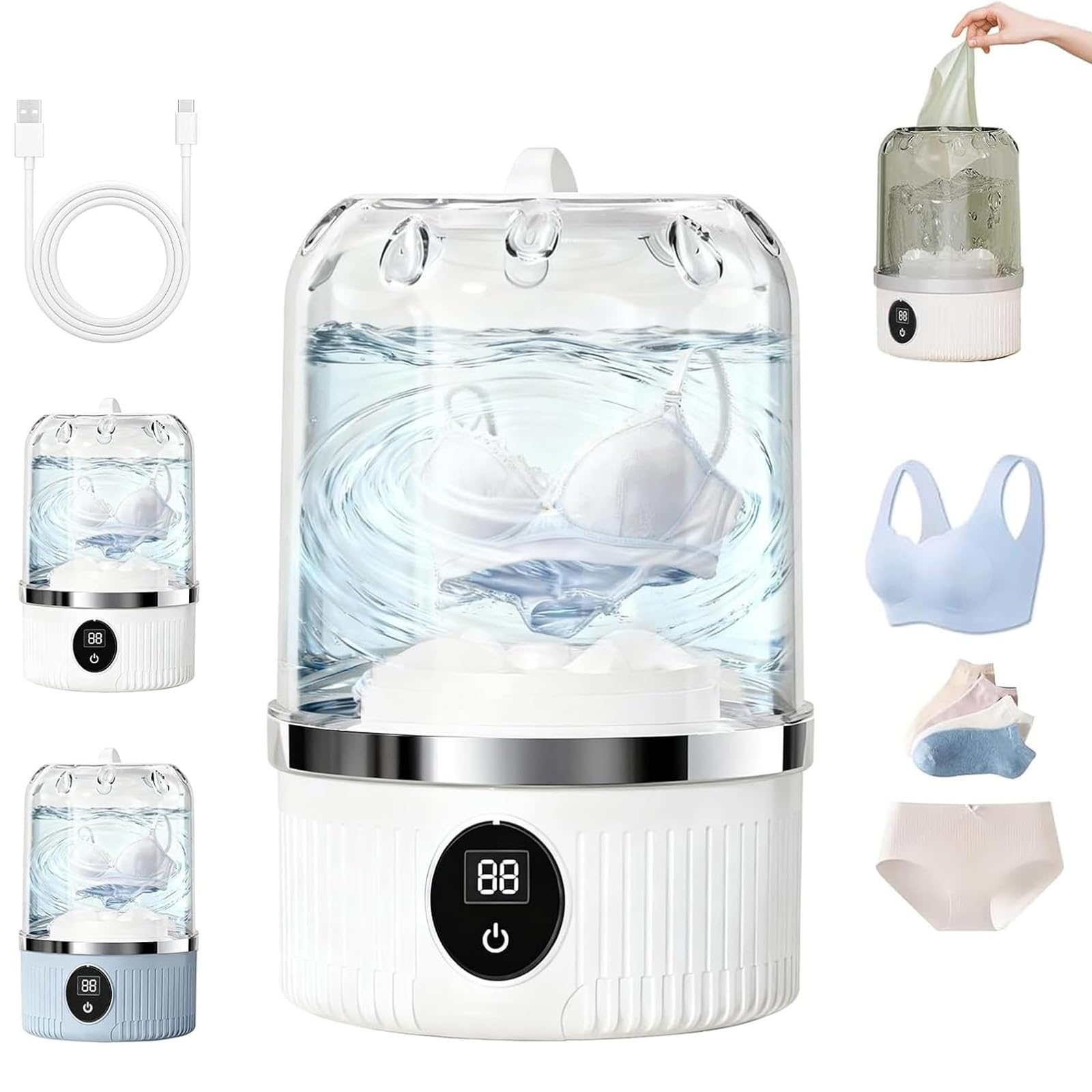 Mini lavatrice portatile ricaricabile senza fili (modello 2027) – Ideale per biancheria intima, viaggi, campeggio, dormitori, camper e appartamenti (White,3000mAH)