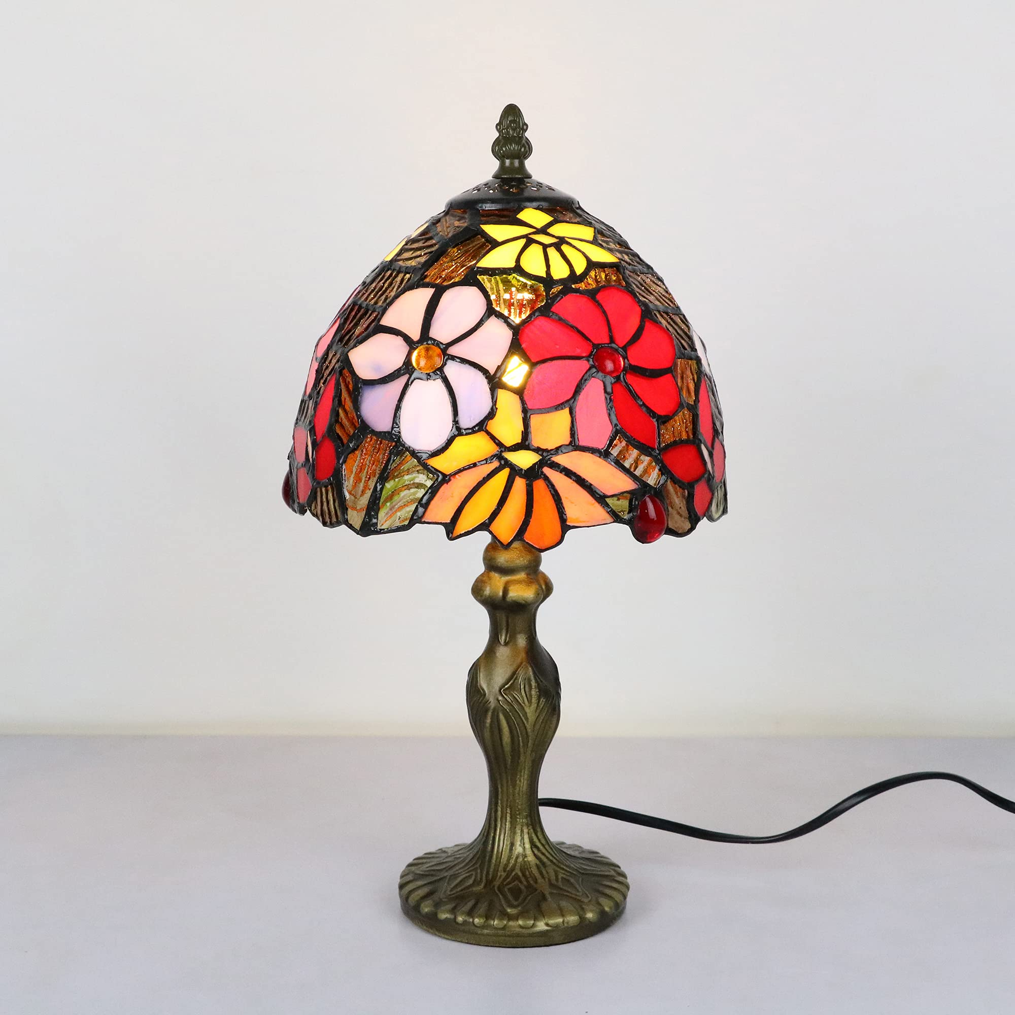 Tiffany Tischlampe, Glasmalerei Vintage Klein Tischlampe, E14 Rote Blume Kinderzimmer Deco Nachtlicht, Jugenstil Dellemade Tischlampe Schlafzimmer/Wohnzimmer [Ohne Glühbirnen]