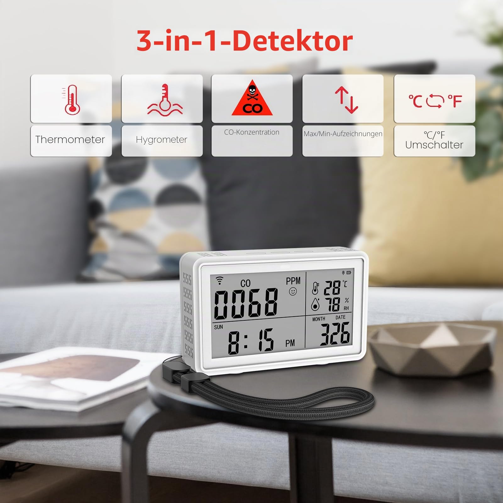 Tuya WiFi Tragbarer 3-in-1-Kohlenmonoxid,Temperatur Feuchtigkeitsdetektor,Kabelloses Digitales Hygrometer Thermometer,Temperatur Feuchtigkeitsmonitor,CO Alarm Detektor für Zuhause,Keller,Kinderzimmer