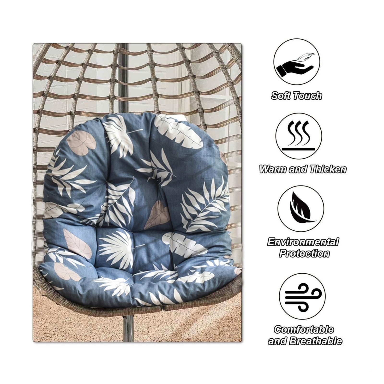 Genérico Cojín de Repuesto para Silla Colgante Tipo Huevo (Exterior), Almohadilla Gruesa, Impermeable y Estampada en Forma de U para Columpios de Patio y jardín