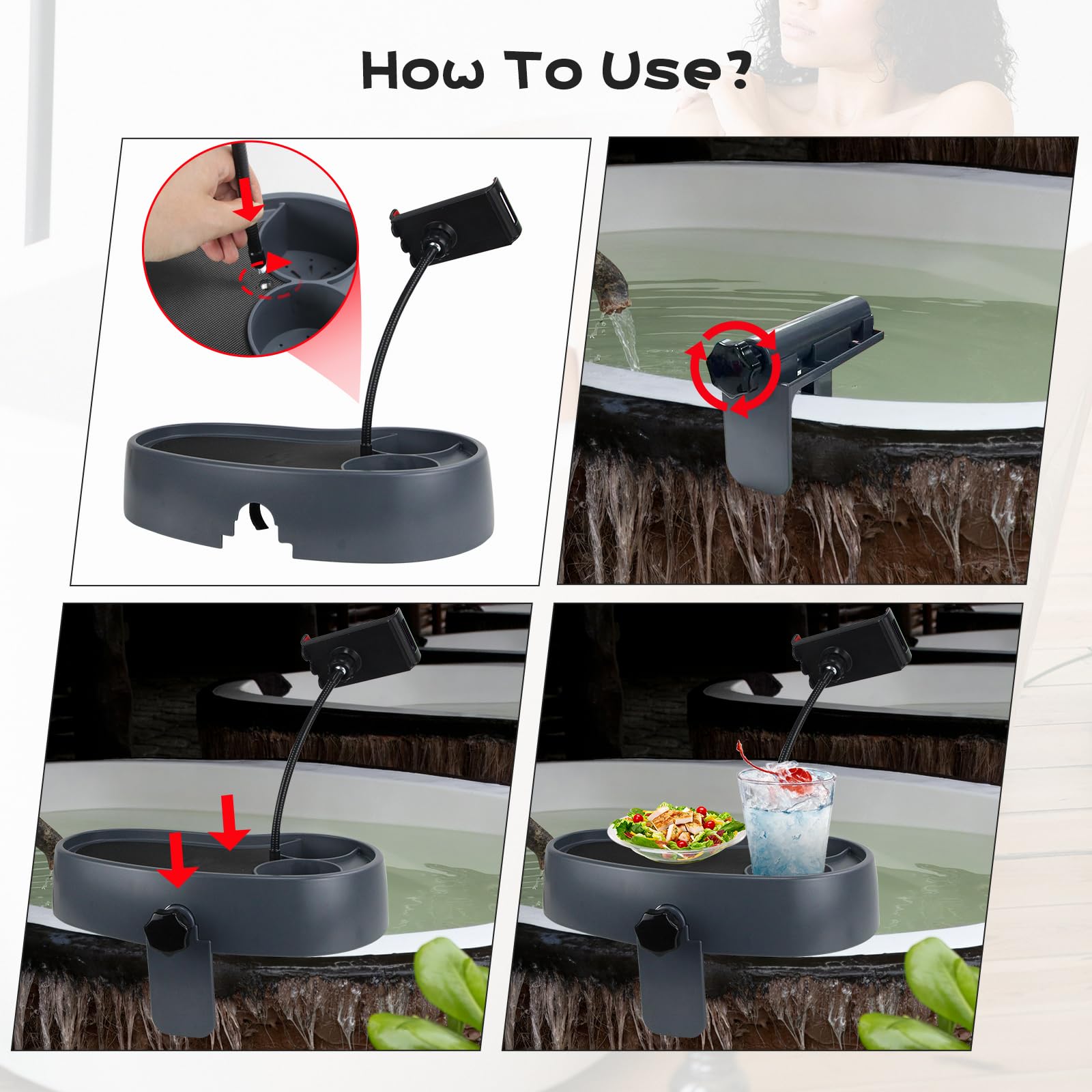 Tavolino regolabile 3 in 1 per vasca idromassaggio con supporto per telefono girevole a 360° e 2 portabicchieri, design antiscivolo e drenante, adatto per vasche idromassaggio/spa/piscina