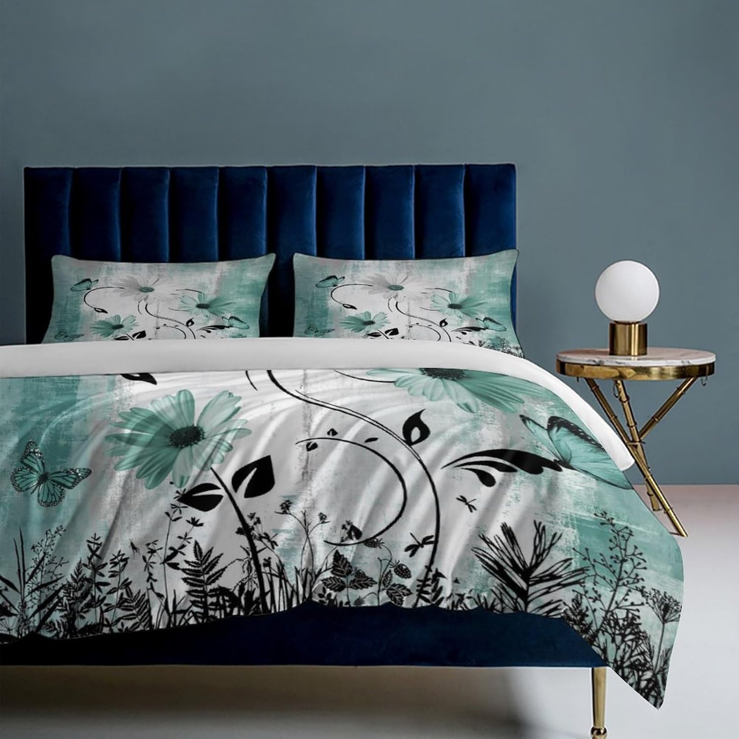 Rustic Farmhouse Daisy Flower Comforter Set Teal Daisy Floral Flowers and Butterfly Turquoise Printed Bedding Set with 1 Comforter and 2 Pillowcases for Girls Bedroom 79x90in (Without Liner)