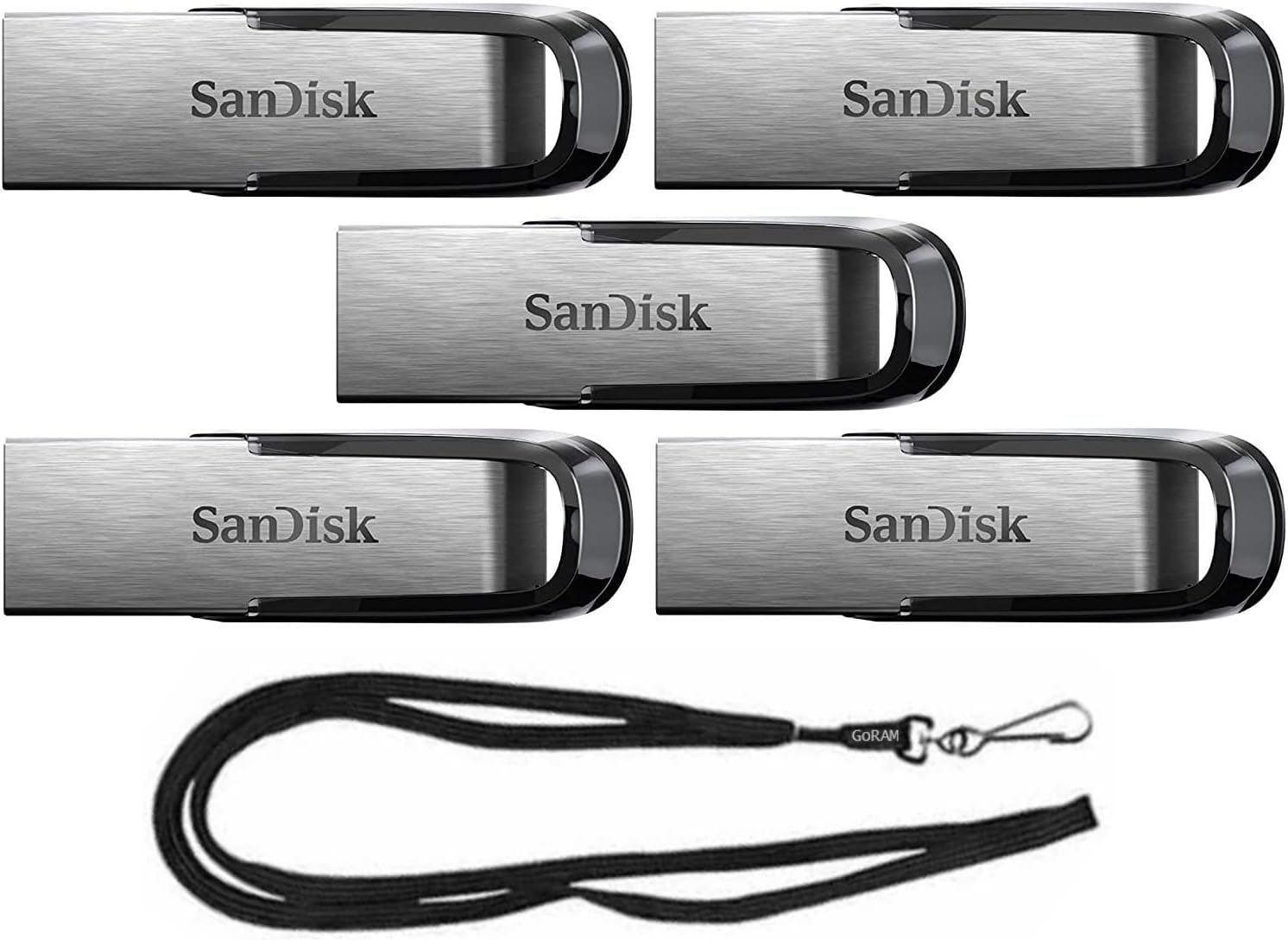 SanDisk 128GB Ultra Flair USB 3.0 Metallic Flash Drive SDCZ73-128G Bundle with (1) GoRAM Black Lanyard (128GB, 5 Pack)