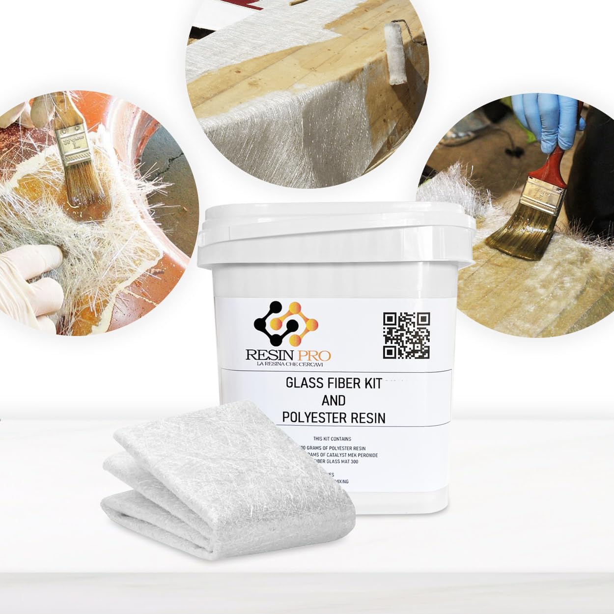Resin Pro - 700 GR Kit de Réparation Résine Polyester + Fibre de Verre 1M2 MAT 300g/m2 - Rapide, Simple et Durable, Matériau de Renforcement, Résine Polyester Orthophtalique