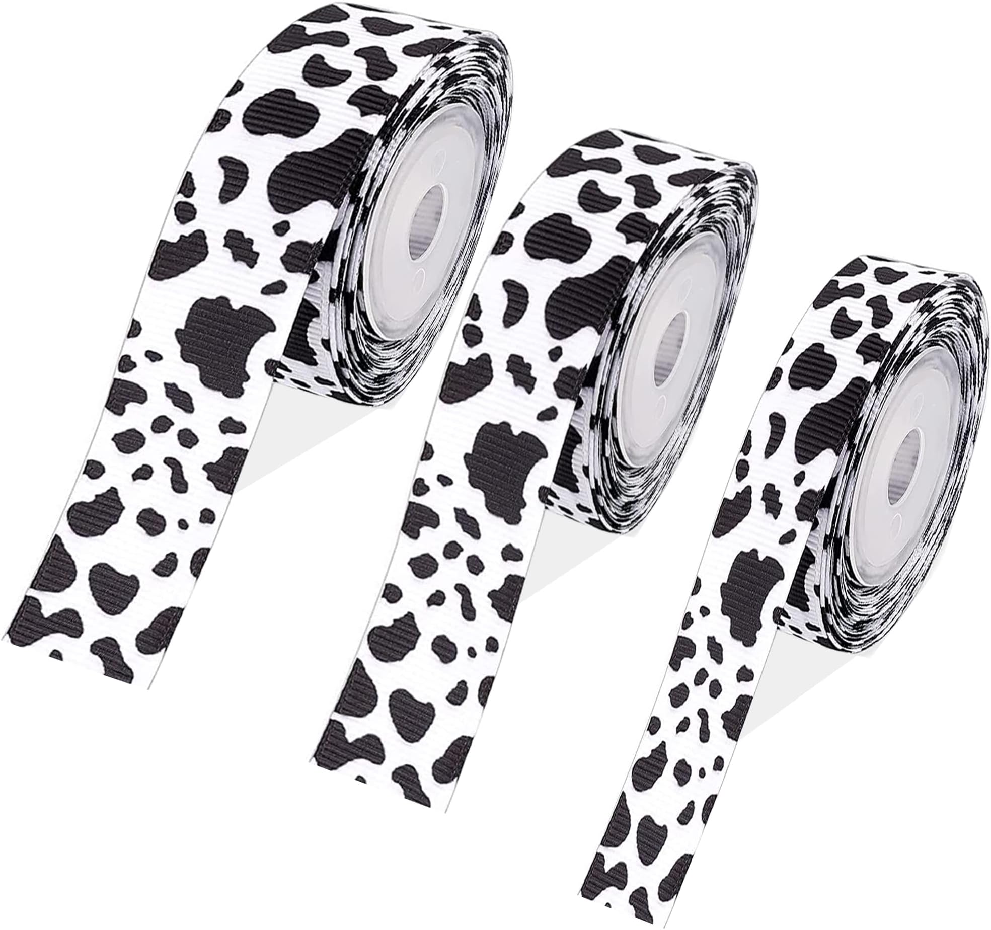 Cow Print Ribbon - 3 Rolls, 15 Yards, Cow Spot Pattern Animal Print Black and White Polyester Ribbon for DIY Crafts, Gift Wrapping, Party Decorations (3 Sizes Mix)
