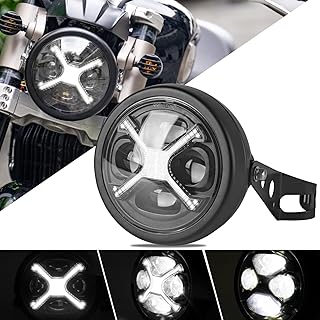 5.75インチ LED バイク ヘッドライト レトロな黒X-メンシェイプ ホワイトDRL ハイ/ロービーム切り替え 汎用 丸目 ランプシェードホルダー付き マーシャル オートバイ プロジェクター ヘッドライト (Xホワイト)