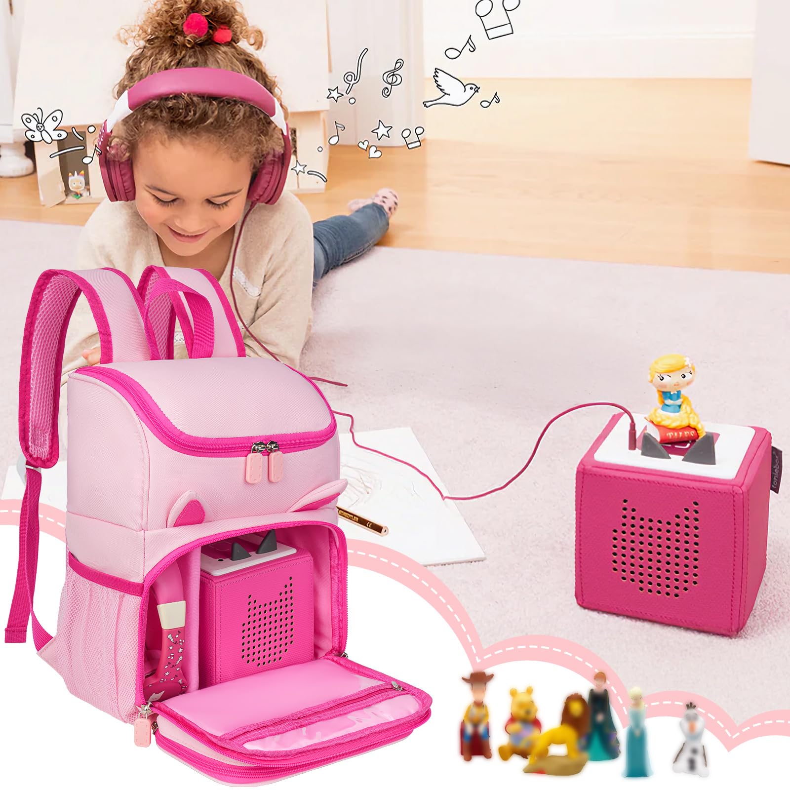 Sac de transport compatible avec le kit de démarrage Toniebox, sac de rangement de voyage compatible avec les figurines Tonies, les écouteurs Tonies et les accessoires, Rose, 9" x 5" x 11.6"