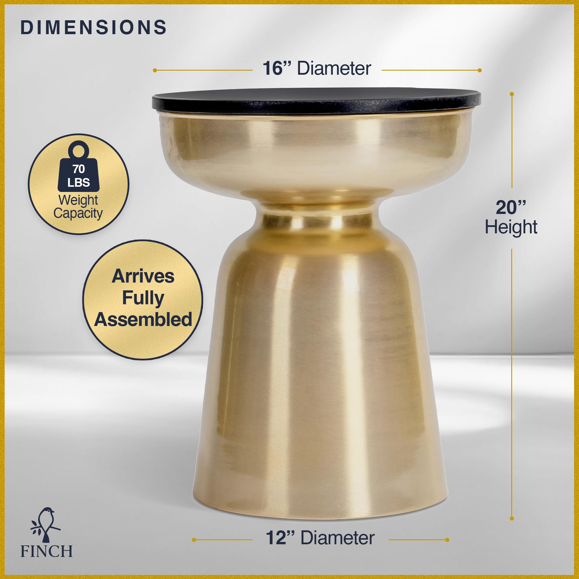 Finch Adler Metal Accent Side Table, 16" Natural Granite Top, Brushed Brass Base, Hourglass Shape, Modern EndTable, BedsideTable or Nightstand for Living Room or Bedroom